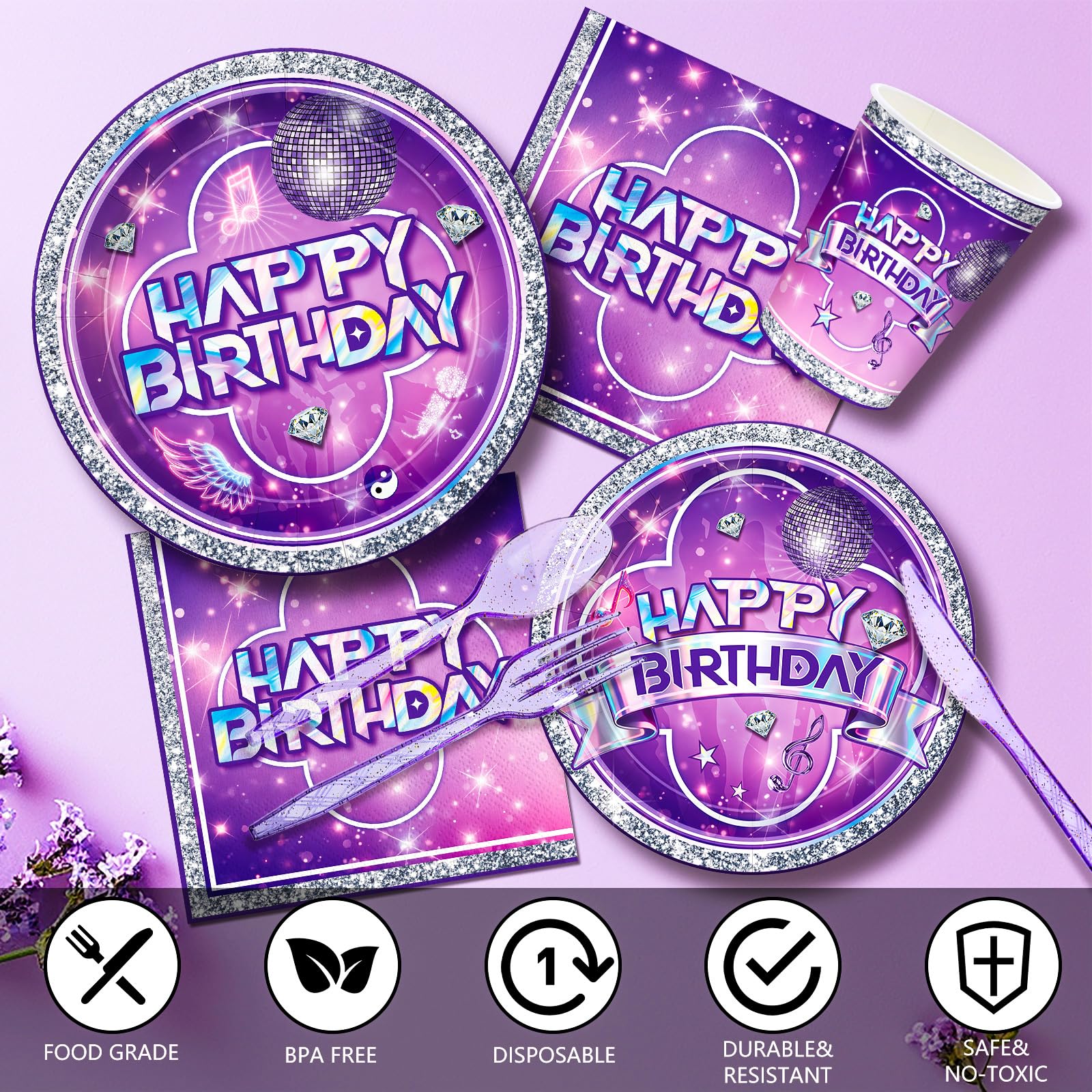 9 inch dinner plates in purple for music themed party