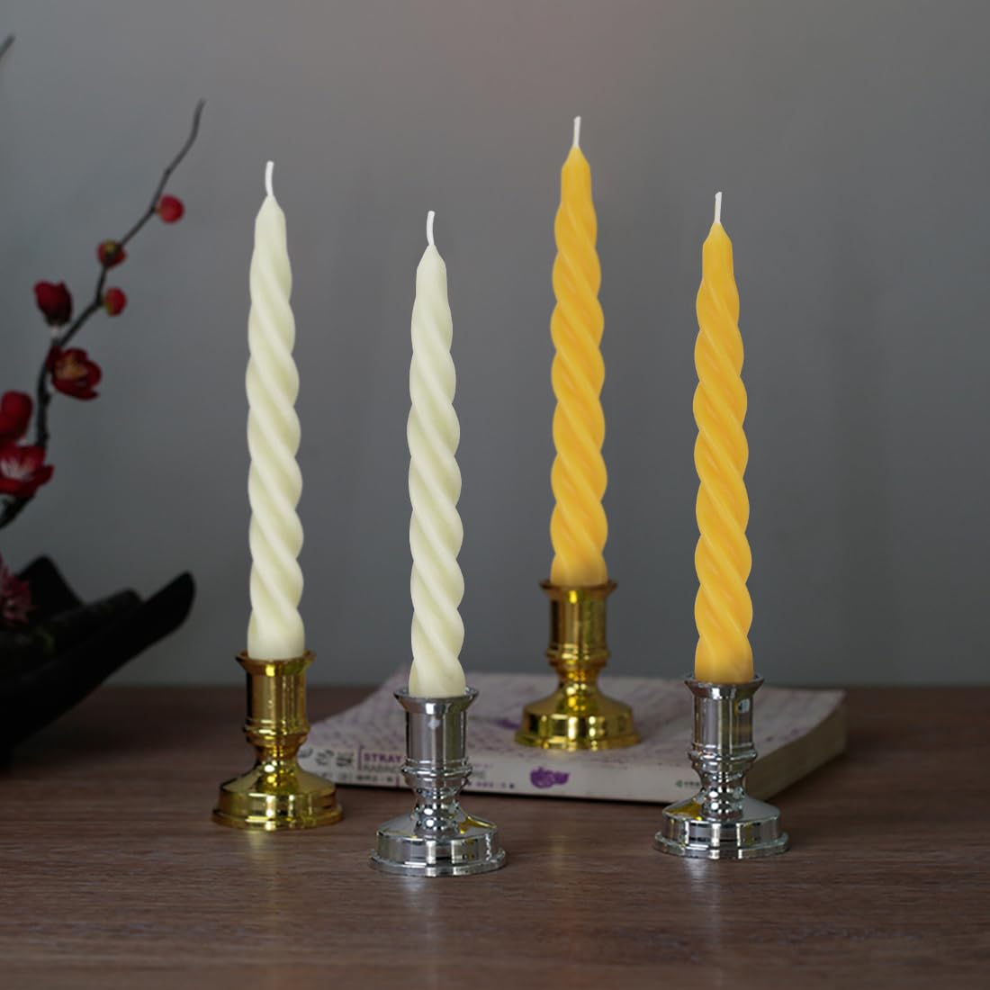 Off white spiral beeswax taper candles for dinner and events