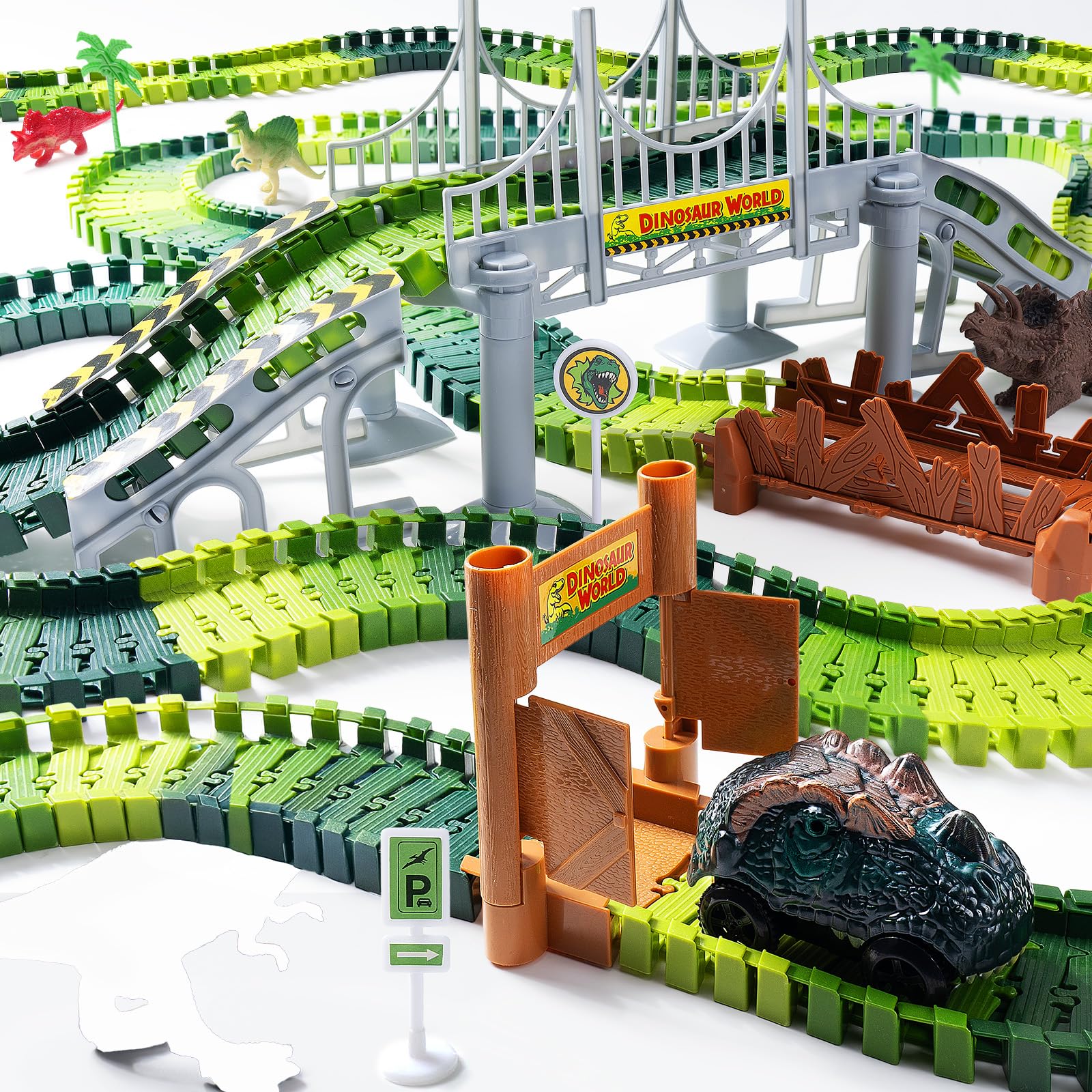 Two dinosaur cars included with the track set