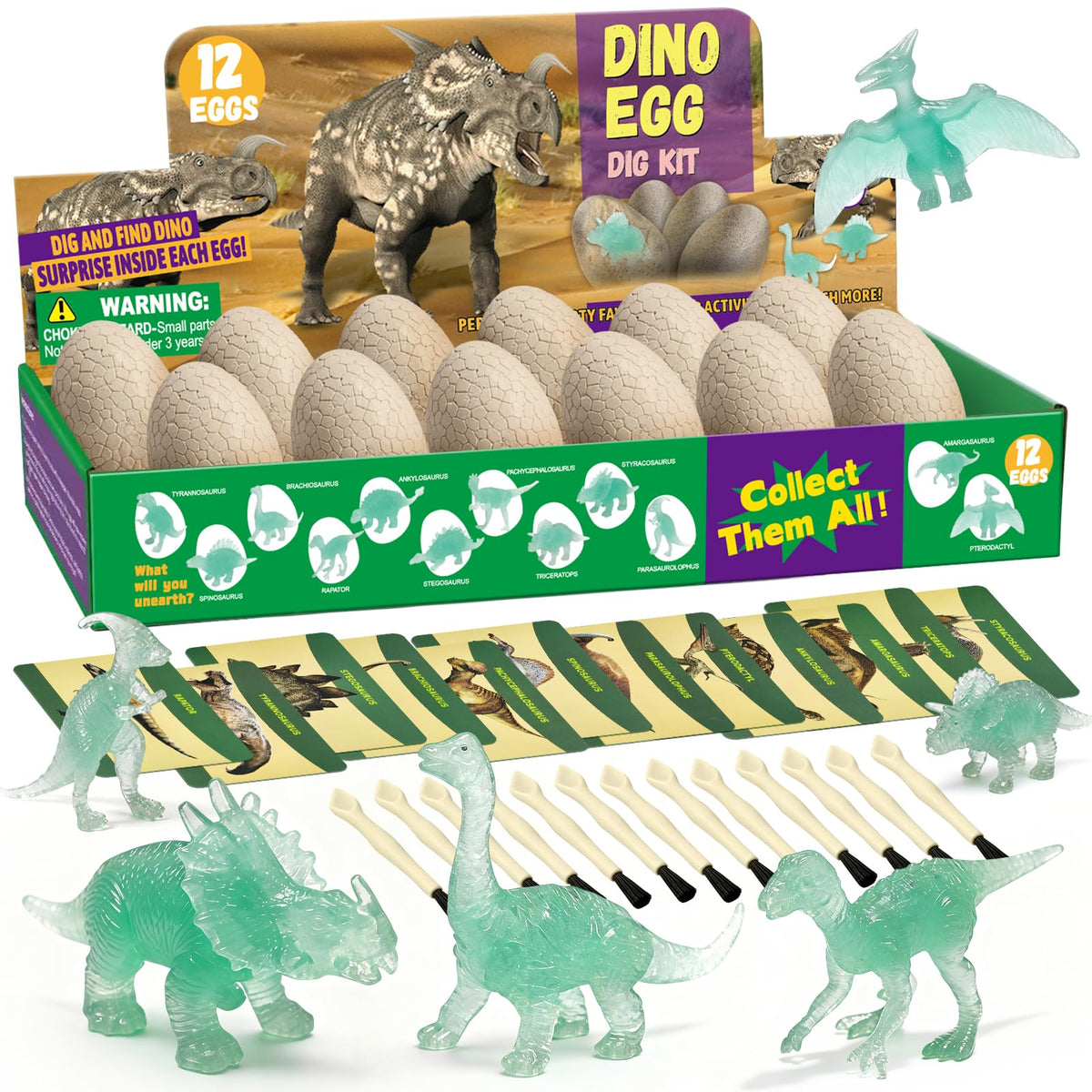 Dinosaur Egg Excavation Dig Kit for Kids product package with glow eggs