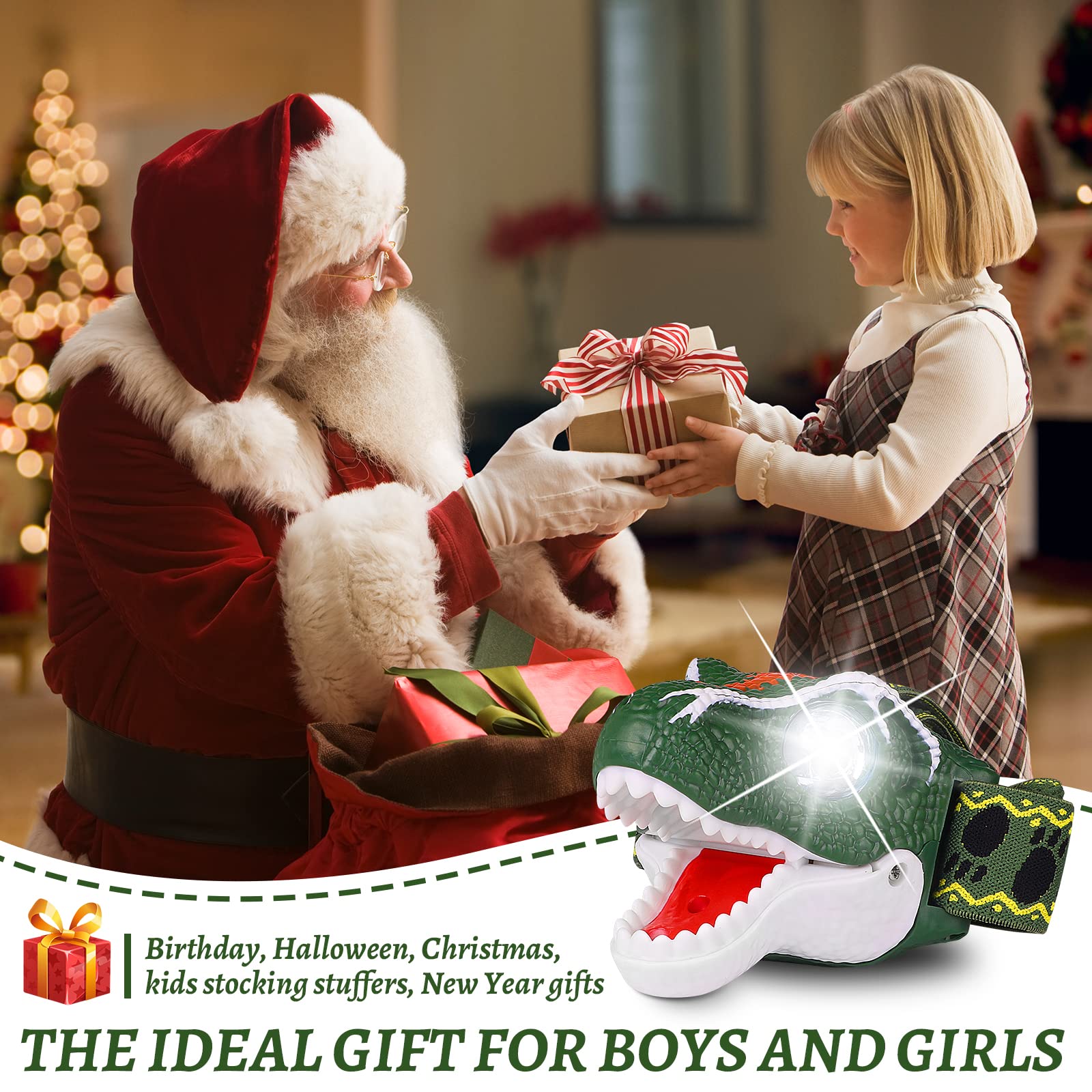 Gift-ready dinosaur headlamp suitable for Christmas or Halloween
