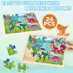 Dinosaurs themed wooden puzzle with farm and zoo scenes