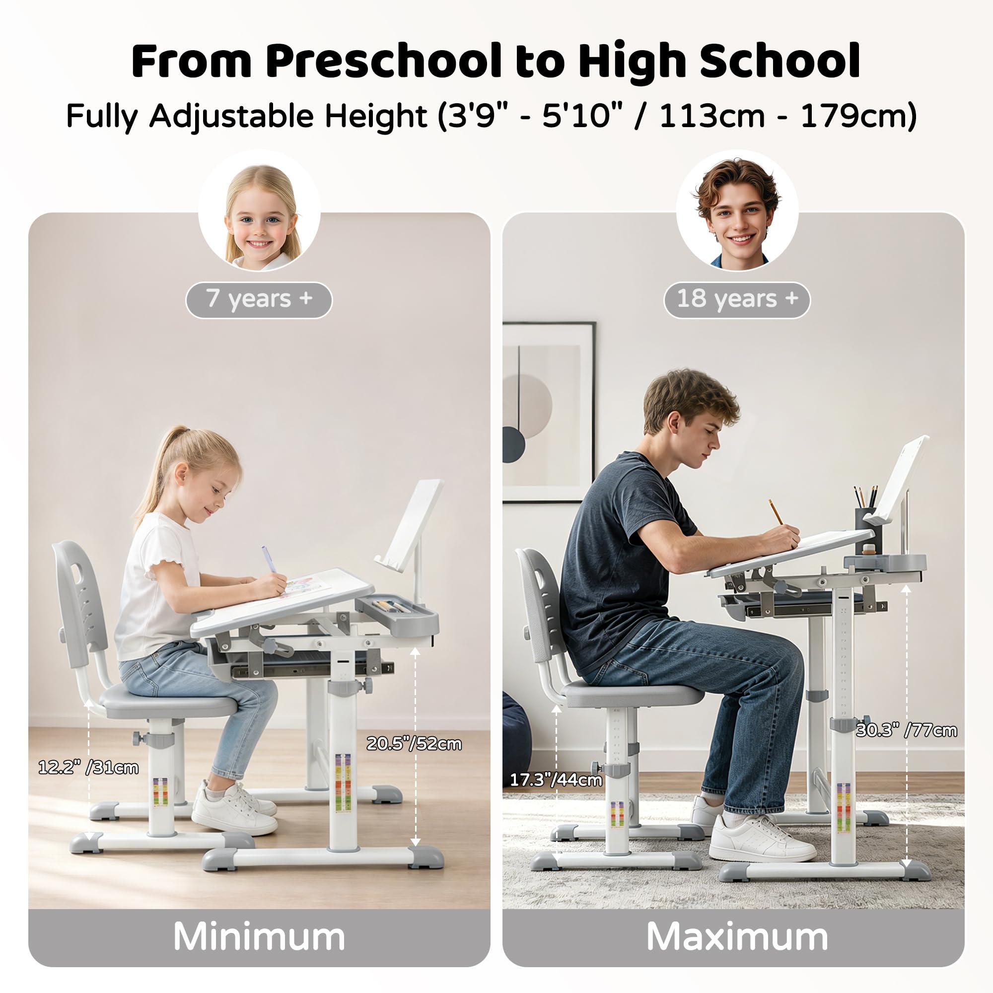 Height adjustable Diroan desk and chair for age 7+