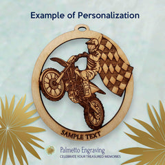 Dirt bike ornament handmade in the USA with wood engraving