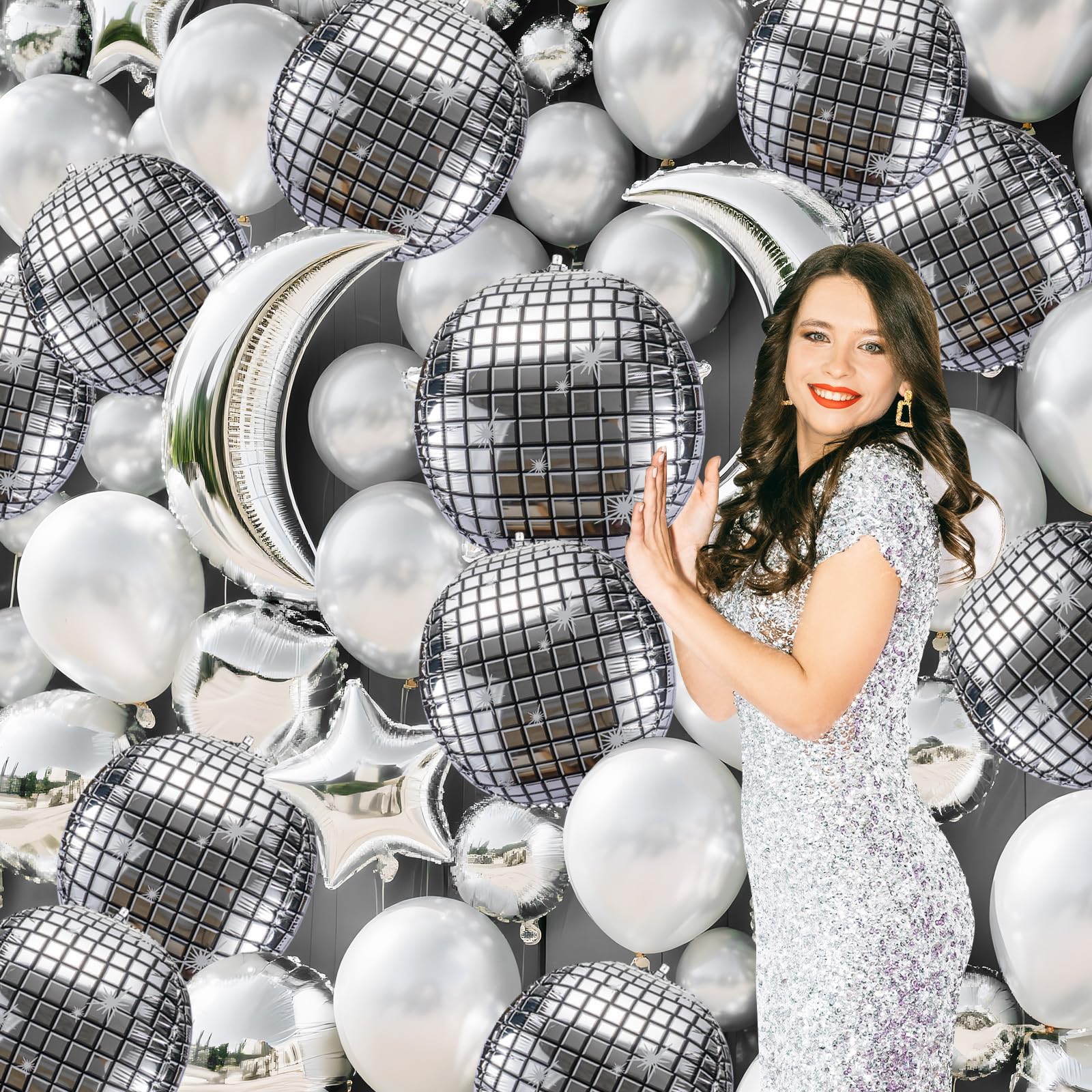 70s 80s 90s disco party backdrop with silver balloons