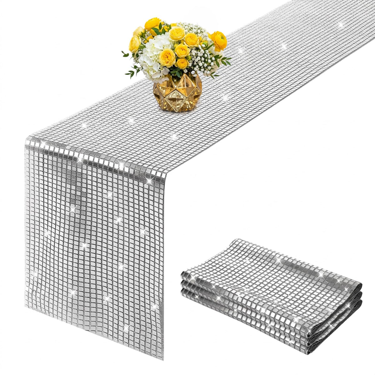 Disco Party Table Runner 4-pack silver with mirror-like squares