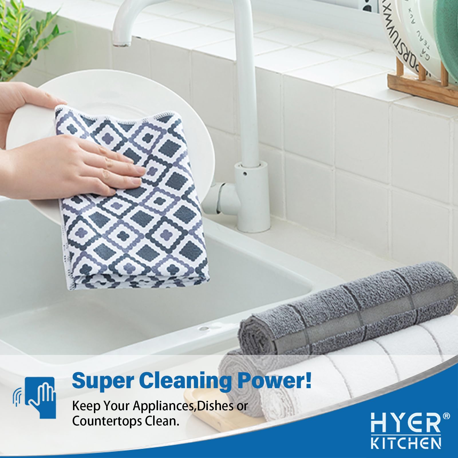 Four pack of HYER KITCHEN microfiber dish towels