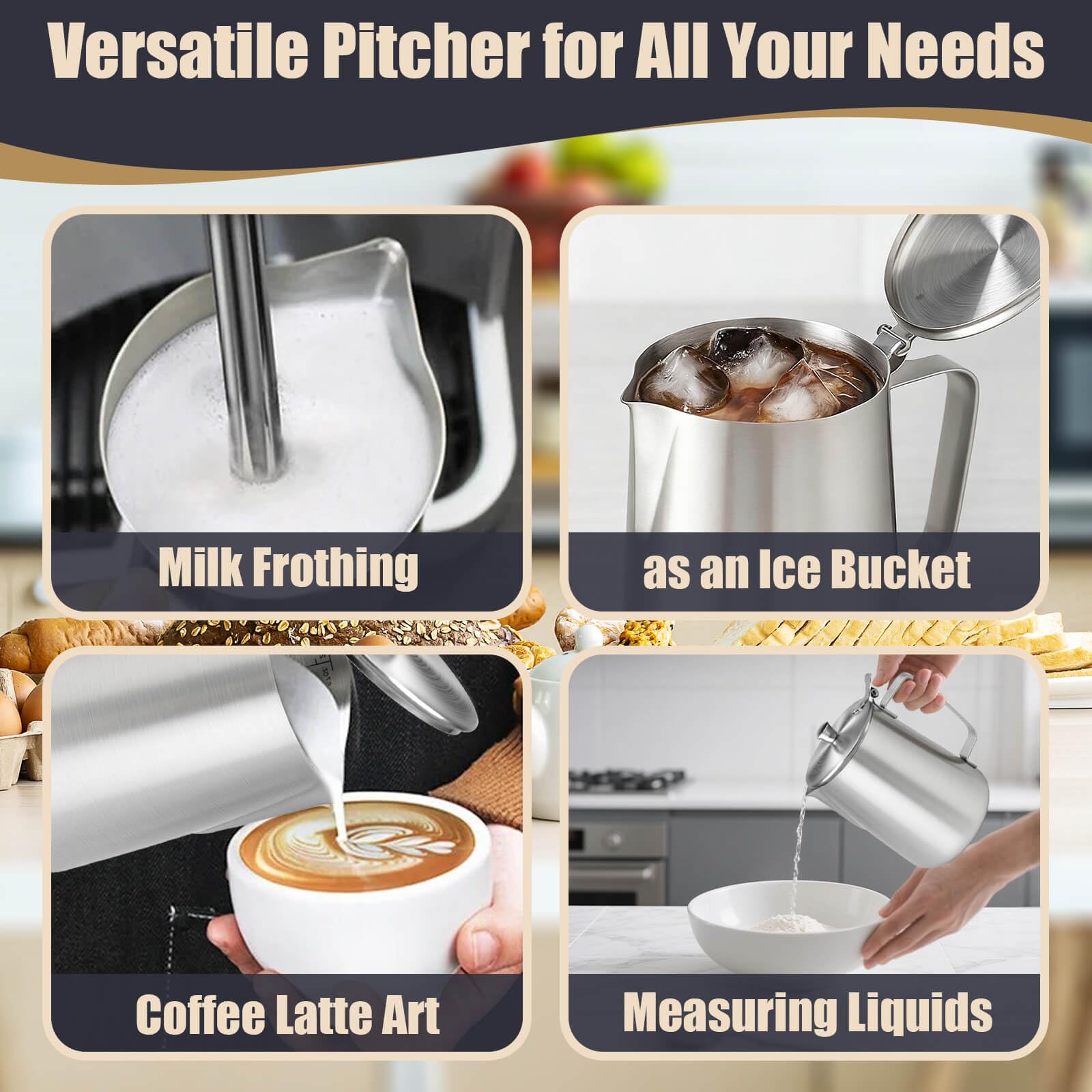 Dishwasher safe stainless steel pitcher with leather grip