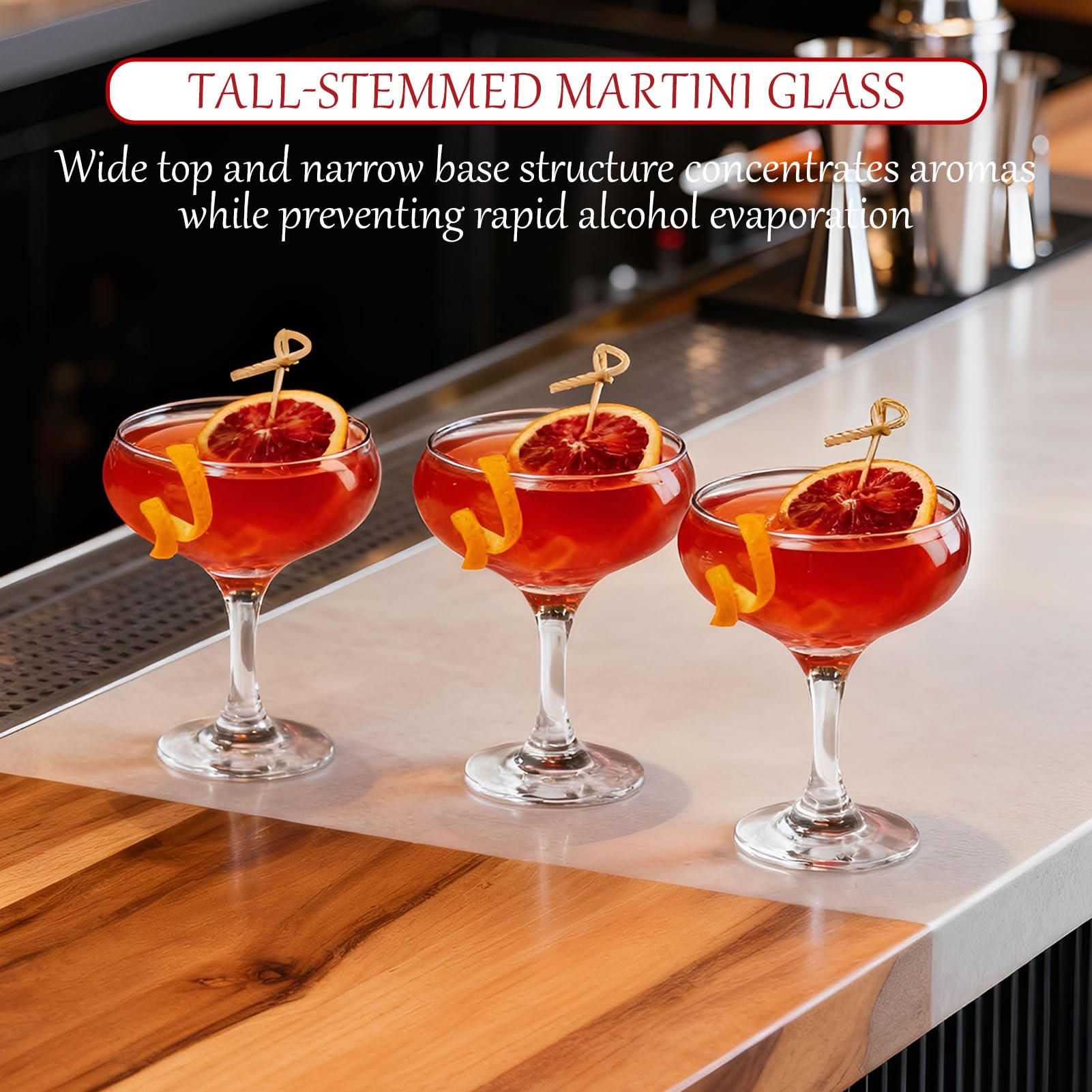 Elegant cocktail glasses refract light beautifully