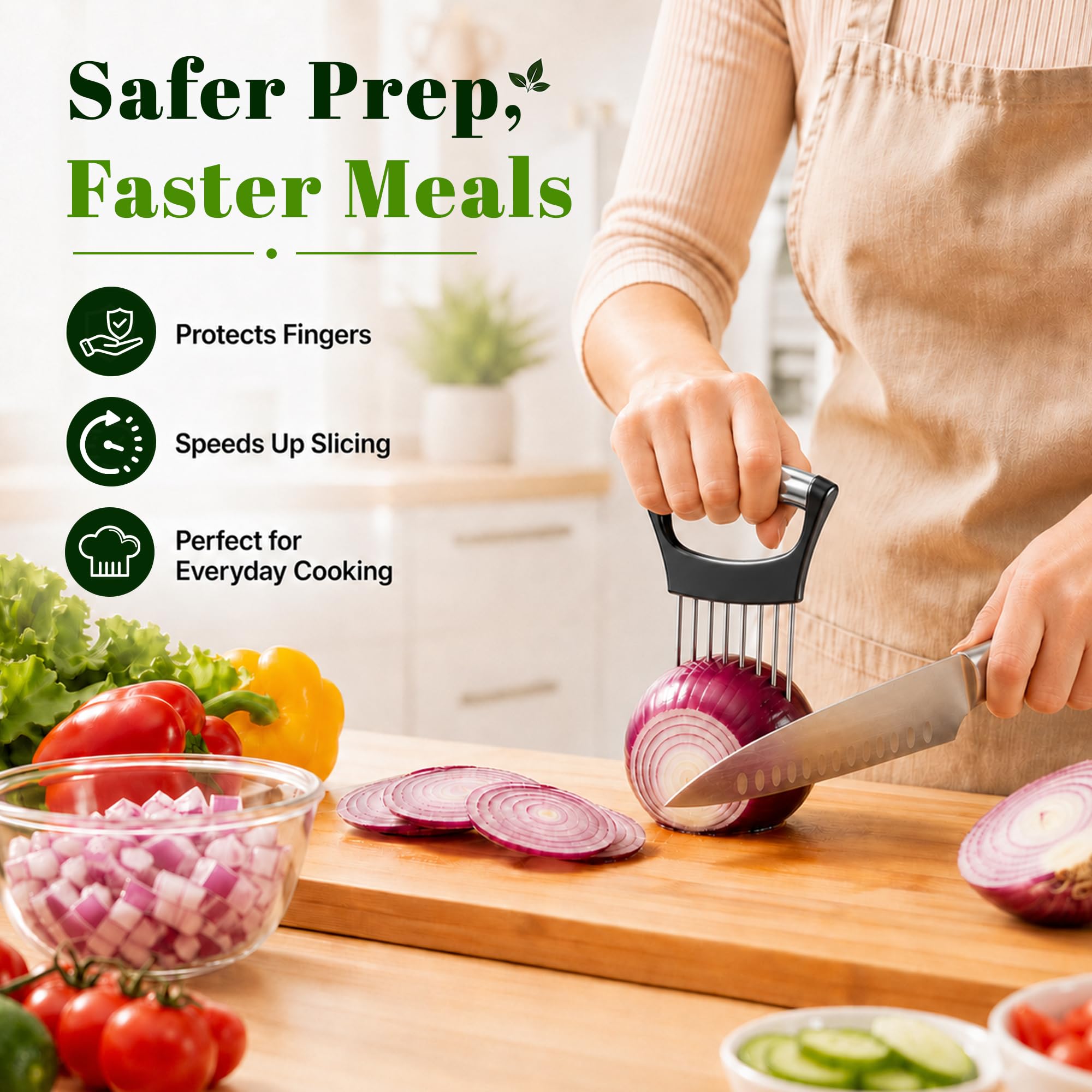 Open handle for hanging storage of onion slicer