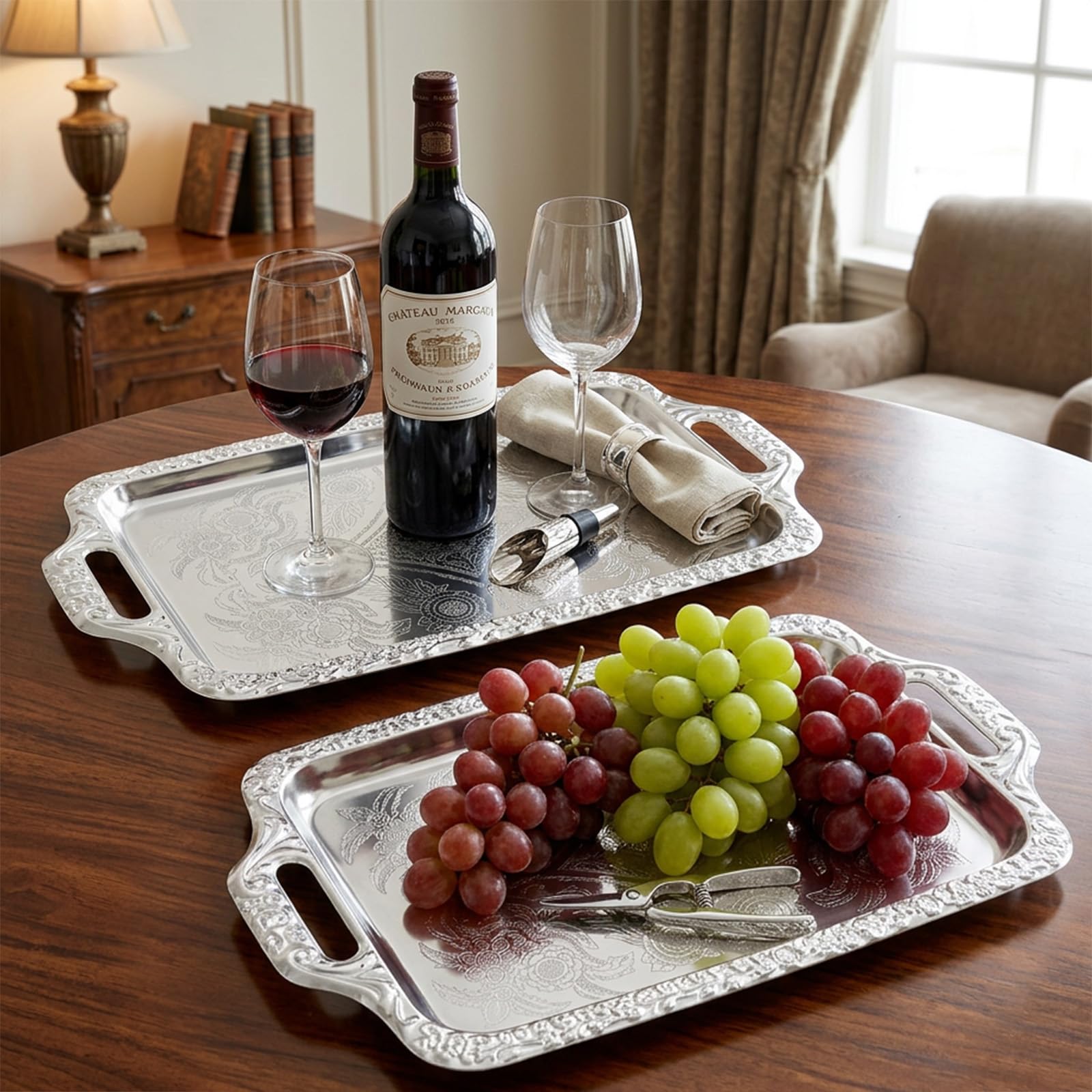 Dishwasher-safe BotleFlow silver serving trays with dust protector