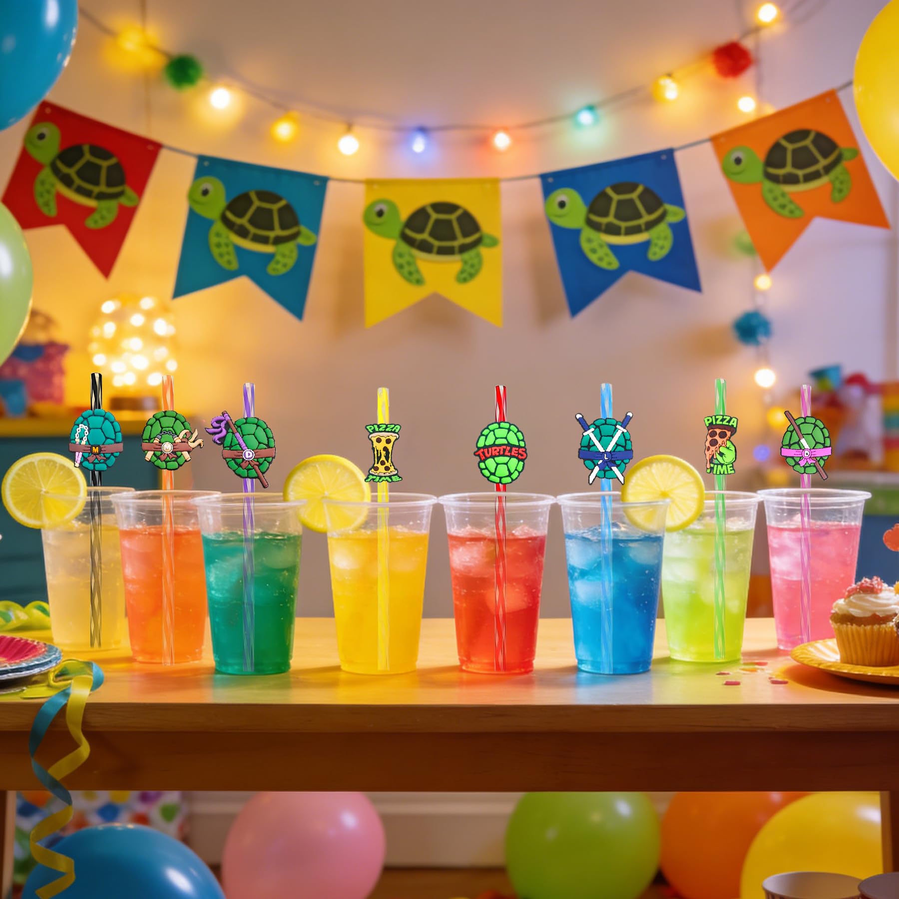 halloween party favors featuring green turtles straw decorations