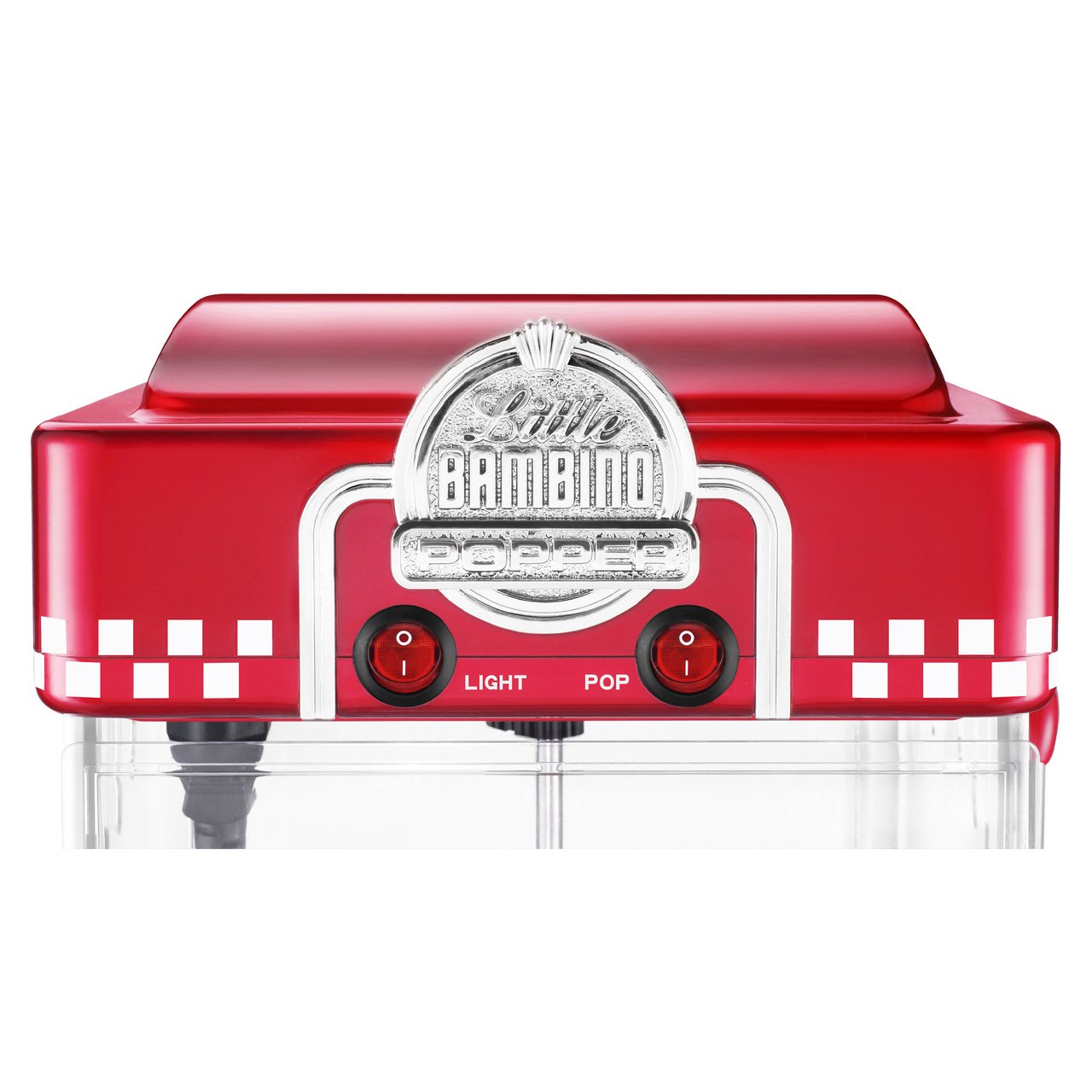 Dishwasher-safe plastic tray and measuring cup included with red popcorn machine