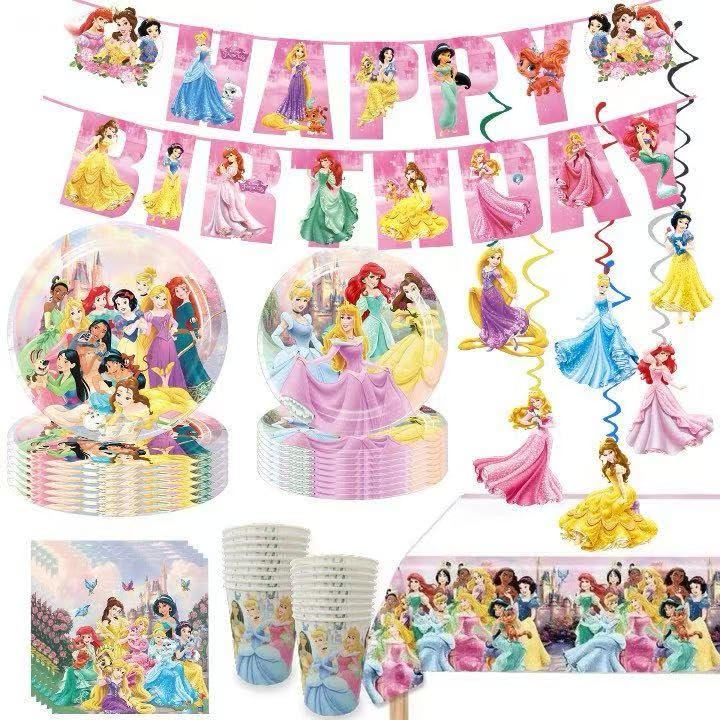 Disne Princess birthday decorations 88pcs set showing plates napkins cups and banner