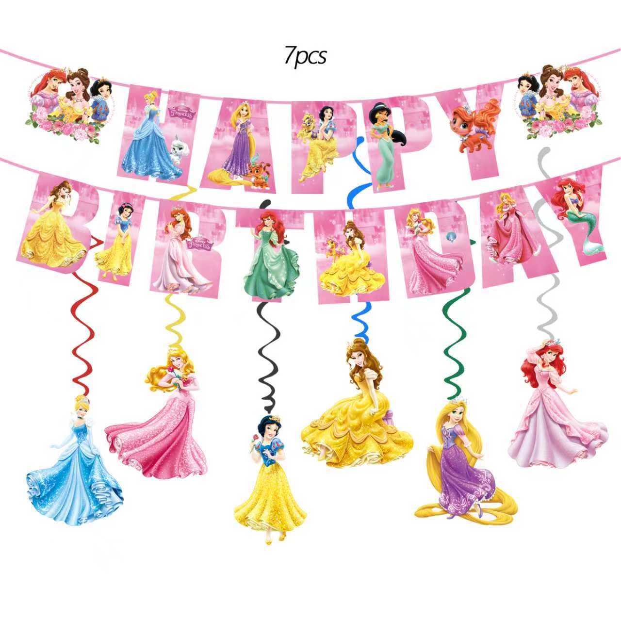 Disne Princess Happy Birthday banner with hanging swirls