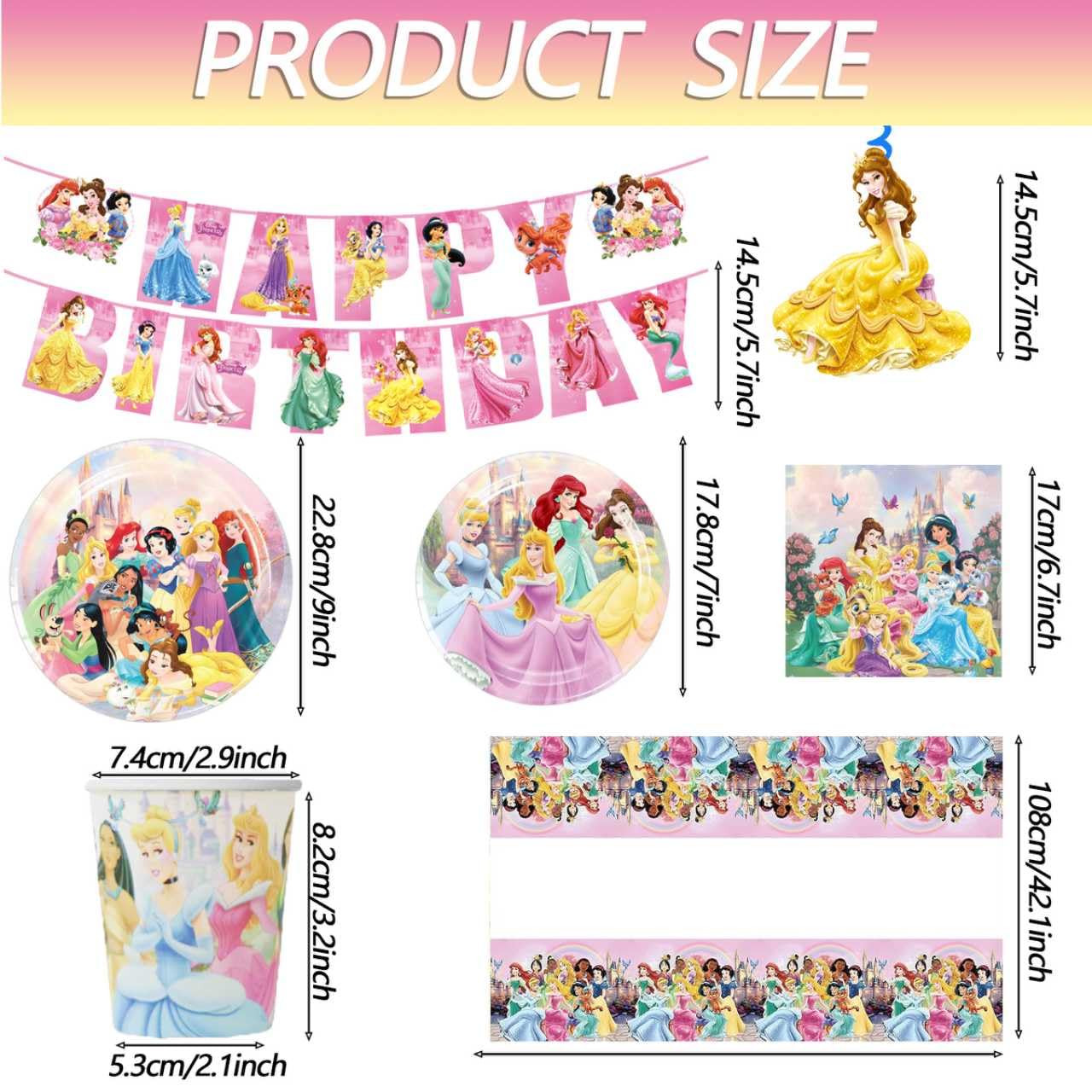 Disne Princess birthday napkins and cups included in set