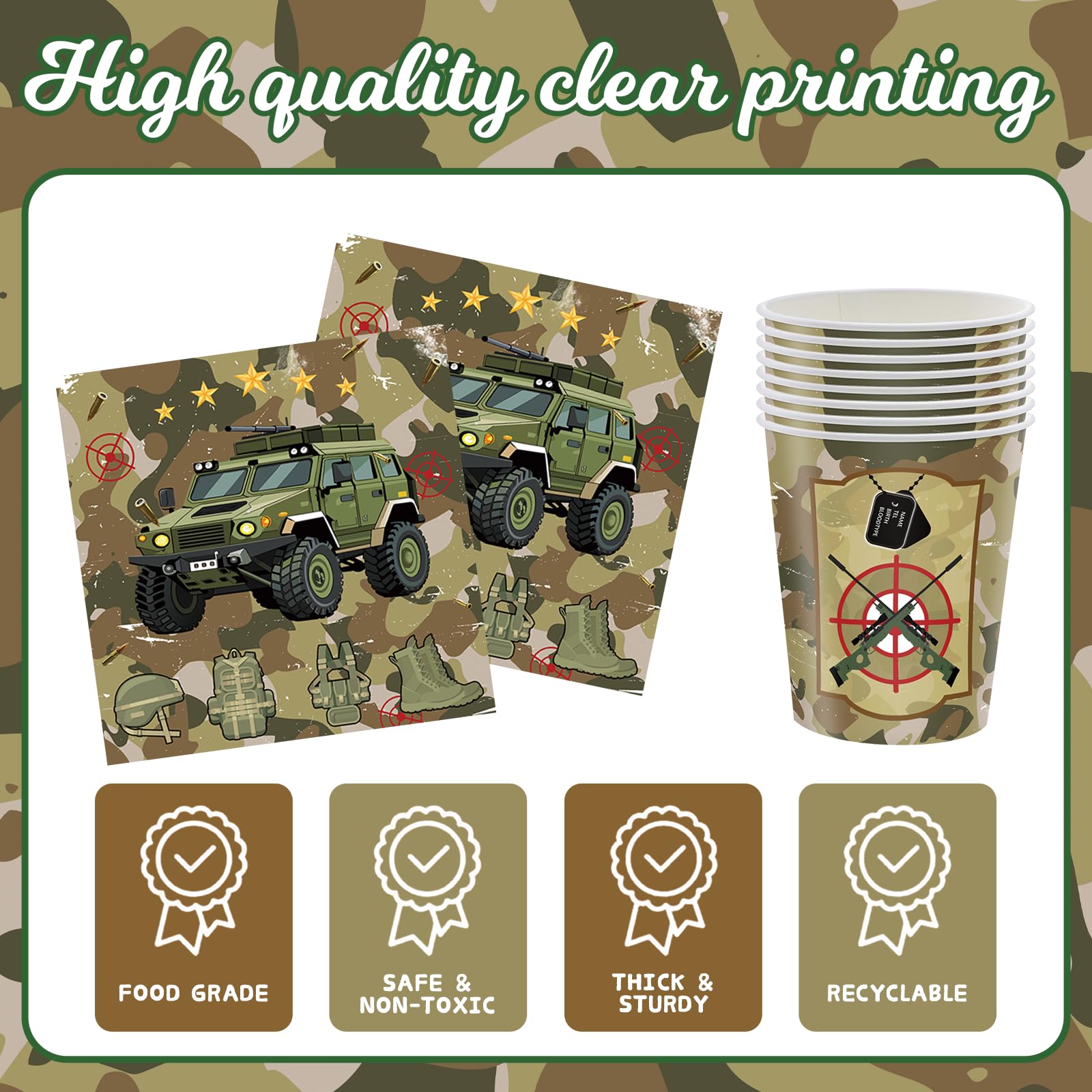 Disposable cutlery and cups for camouflage birthday party