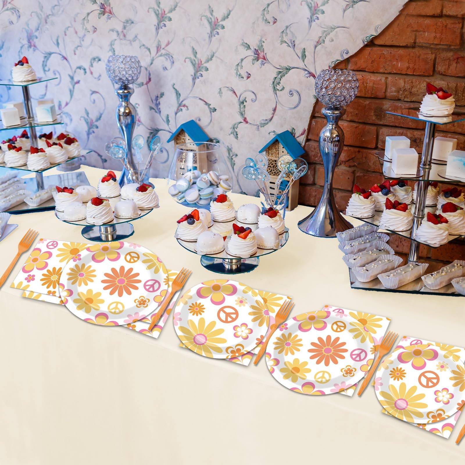 Disposable plastic forks included with retro daisy tableware