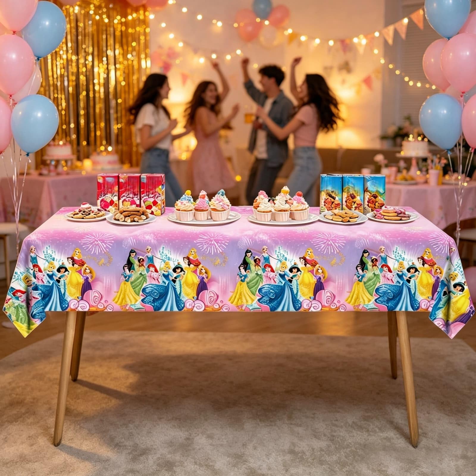 Pink rectangular princess tablecloth for birthday party decor
