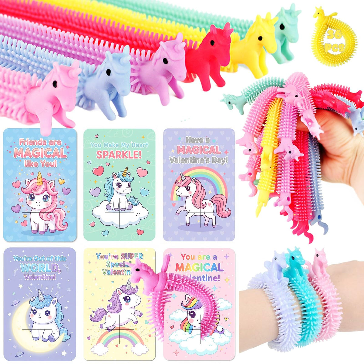 DKJOAZ 36 pack Valentines cards for kids with unicorn stretchy strings
