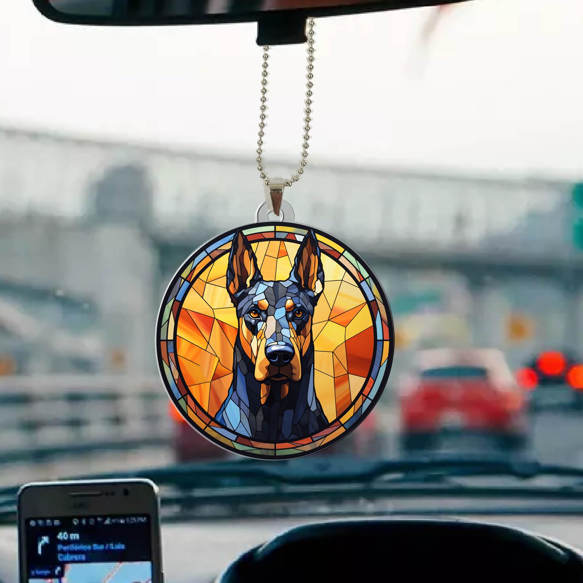 Three hanger strings gold metallic red ribbon and jute twine with Doberman Dog Ornament