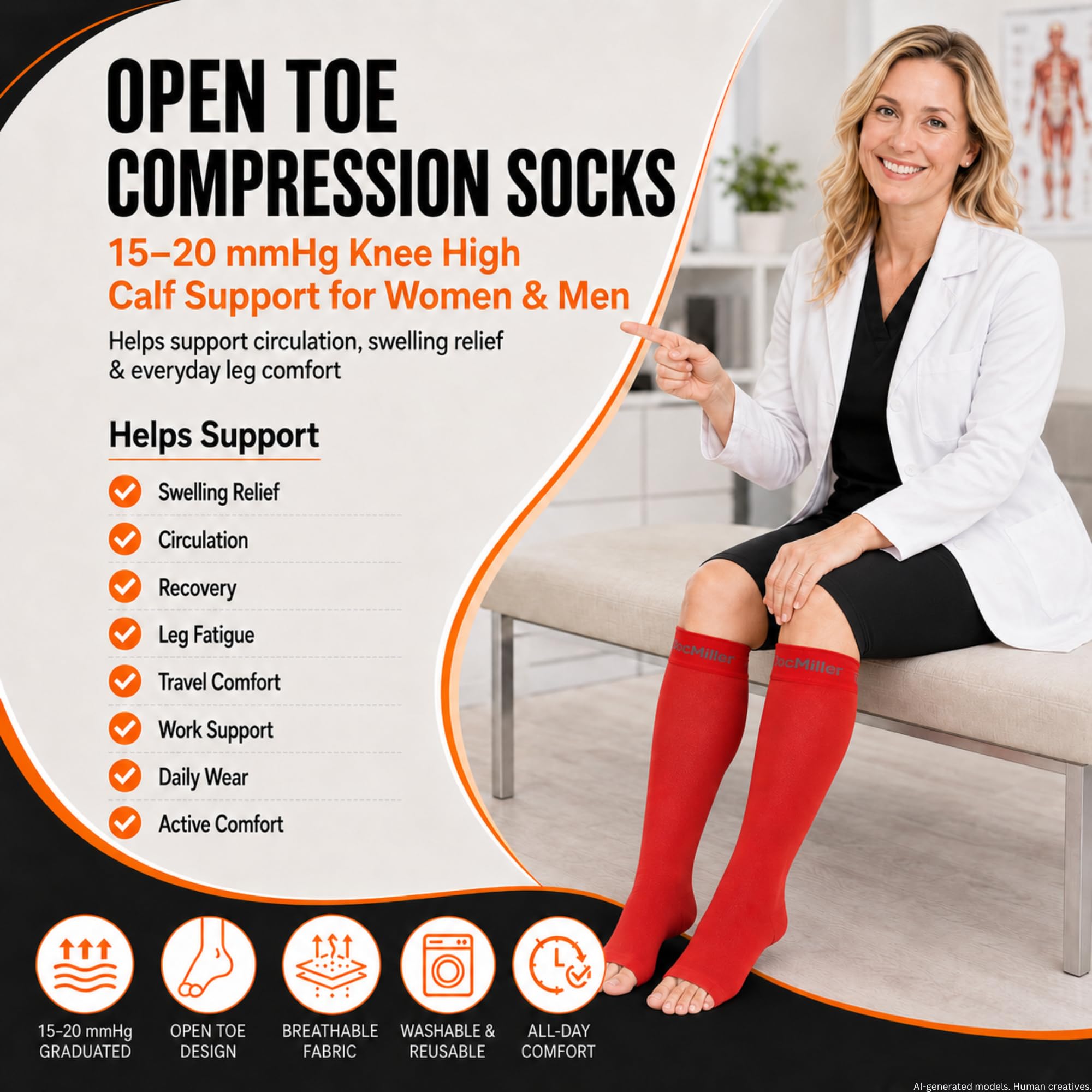 Unisex open toe compression socks worn by a woman