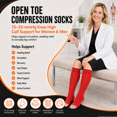 Unisex open toe compression socks worn by a woman