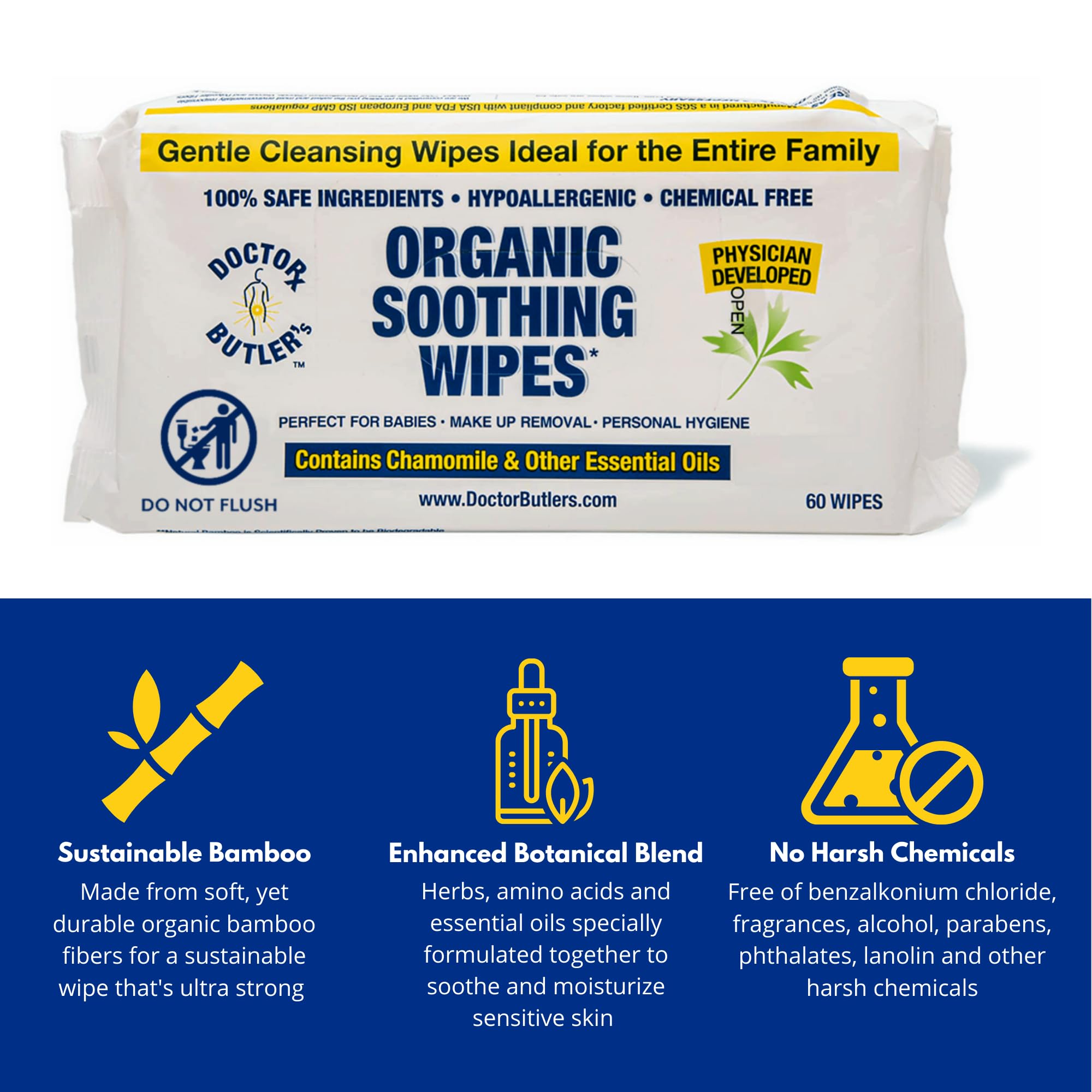 Front view of Doctor Butler's wipes 1 pack packaging