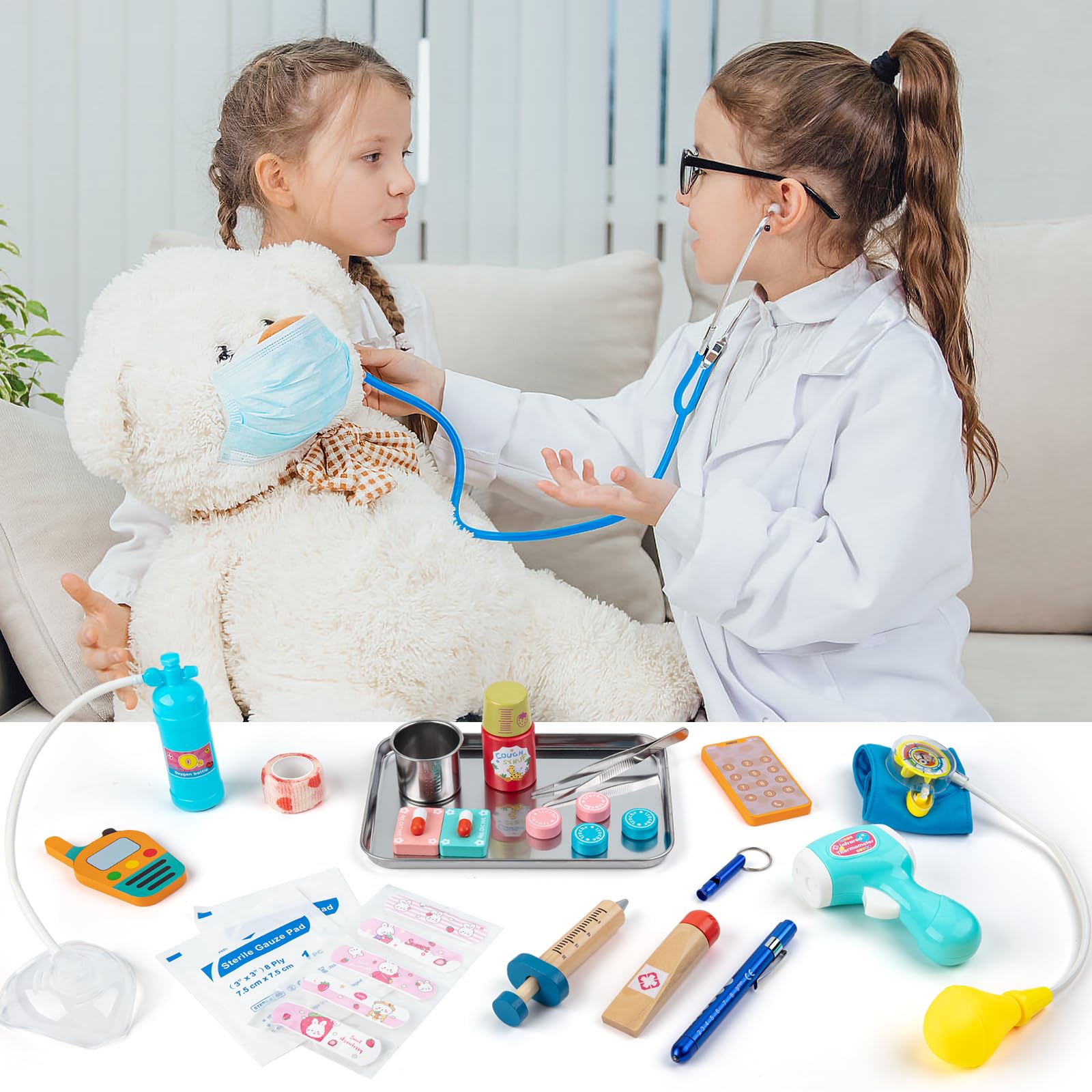 Kids doctor playset showing wooden syringe and capsules