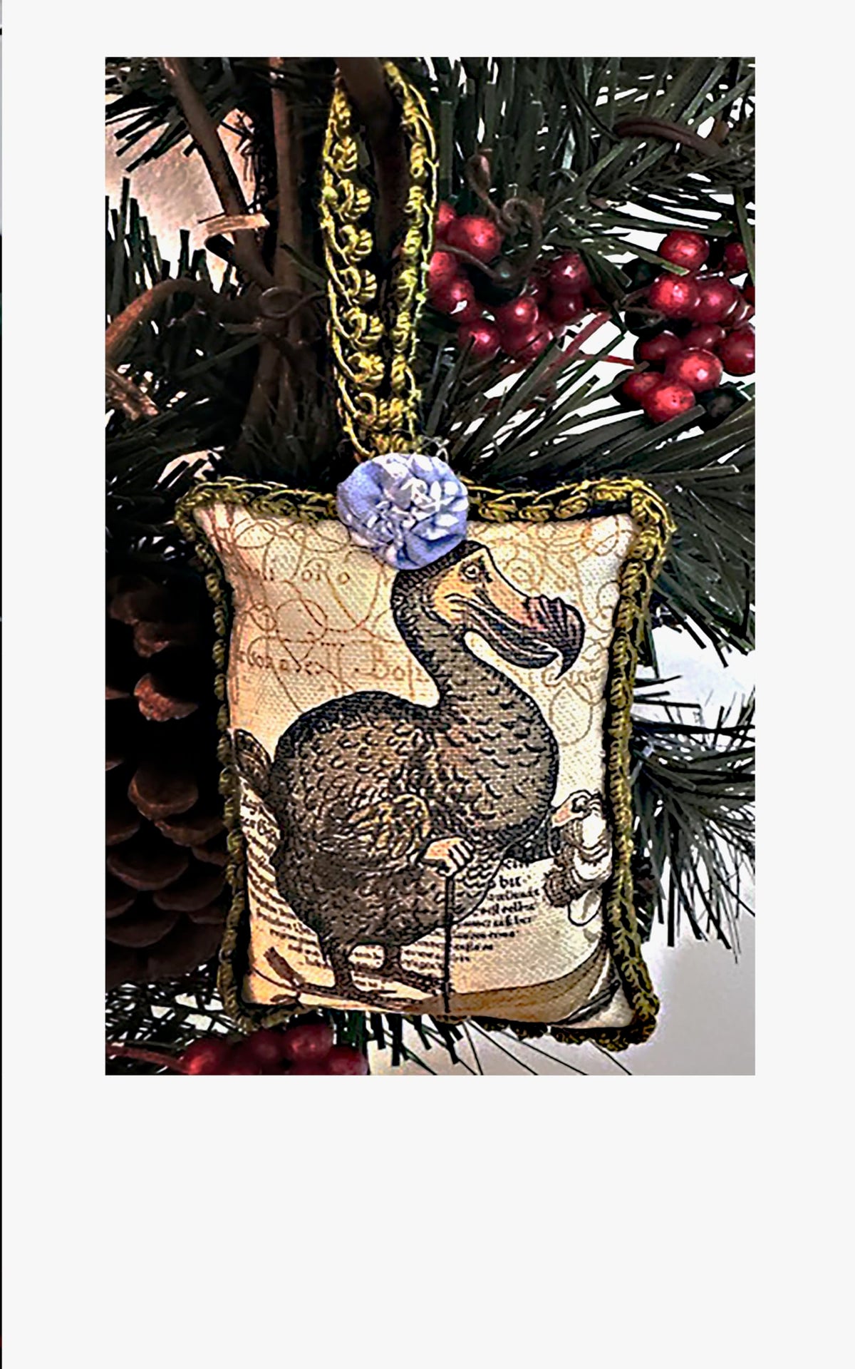 Dodo Christmas Tree Ornament from Alice's Adventures in Wonderland fabric collage with trim