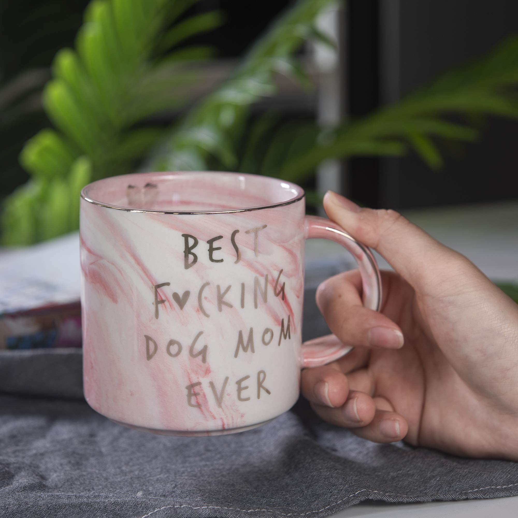 Gift-ready dog mom mug in pink marble design