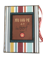 Dog Photo Album chipboard cover with brown rust blue gold striped paper