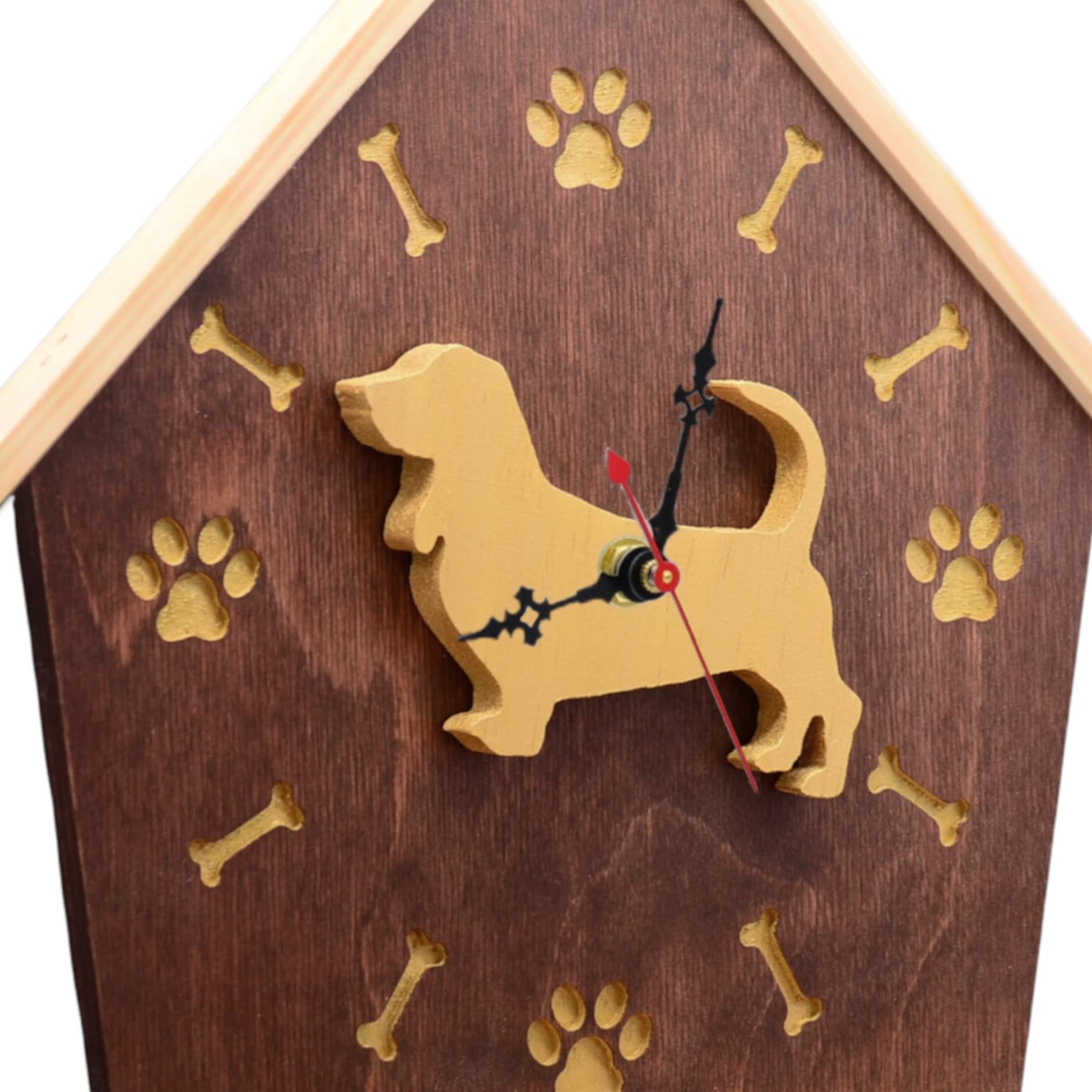 Doghouse shaped clock with bone and paw details on wood