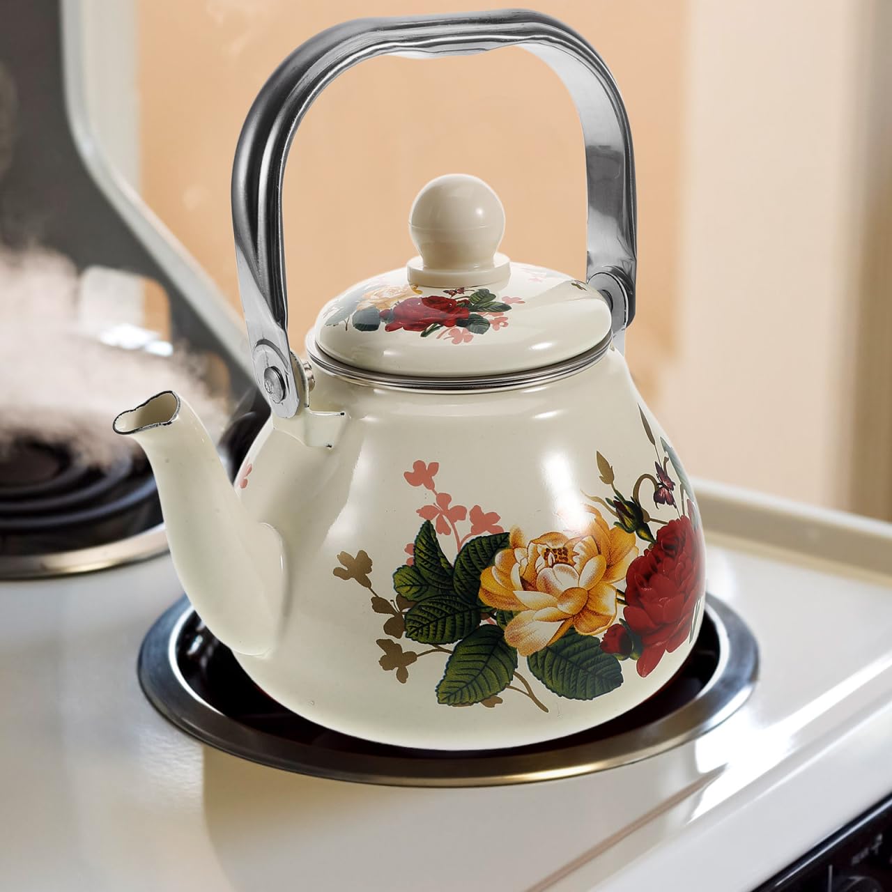compact 1.1 qt enamel kettle on shelf
