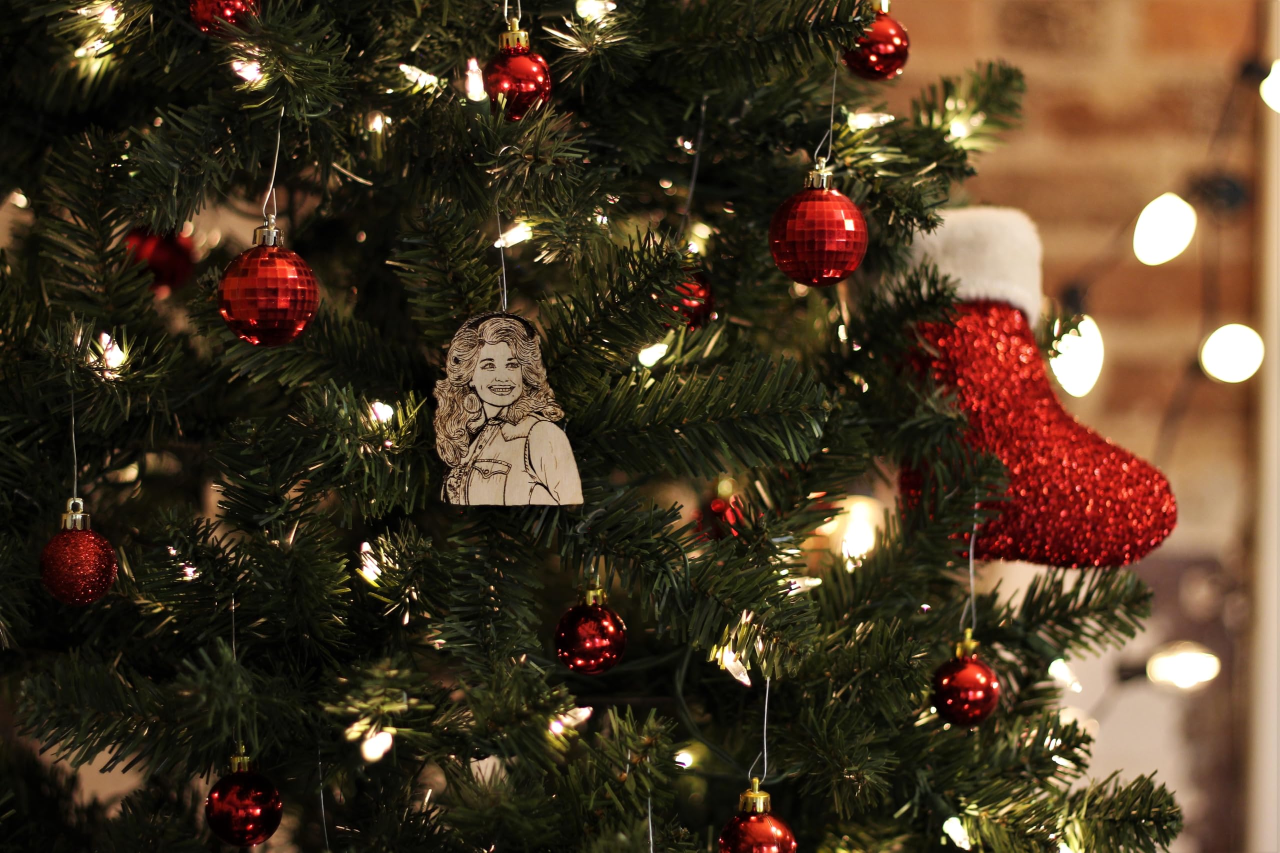 Dolly Wood Christmas Ornament displayed on tree or desk