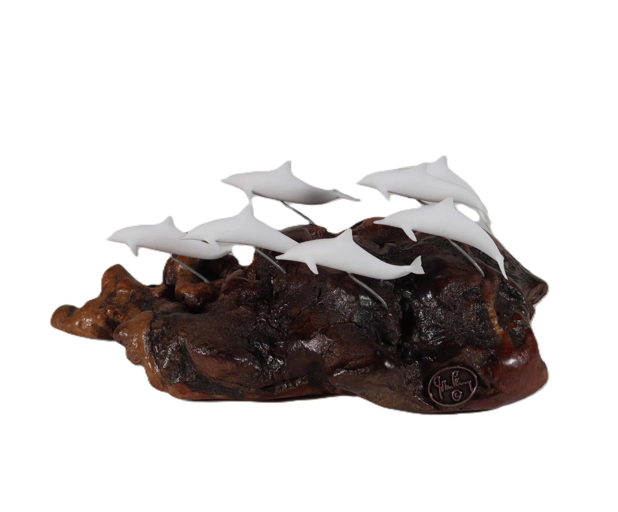 Dolphin School Sculpture by John Perry on Burl Base