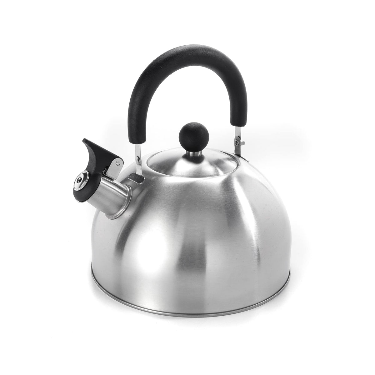 Dominion 2.1 quart kettle on stove with brushed satin finish