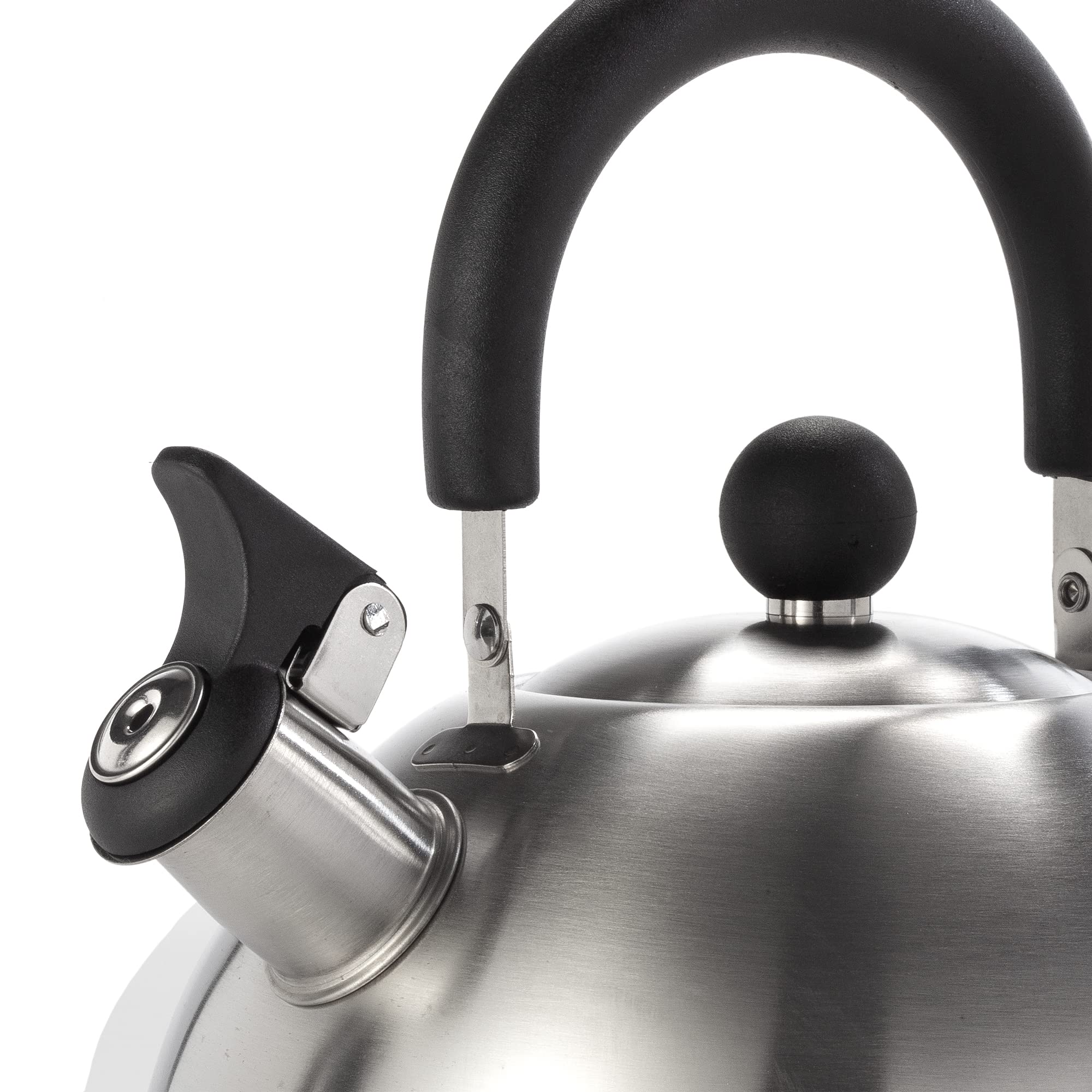 Stainless steel whistling tea kettle with ergonomic handle