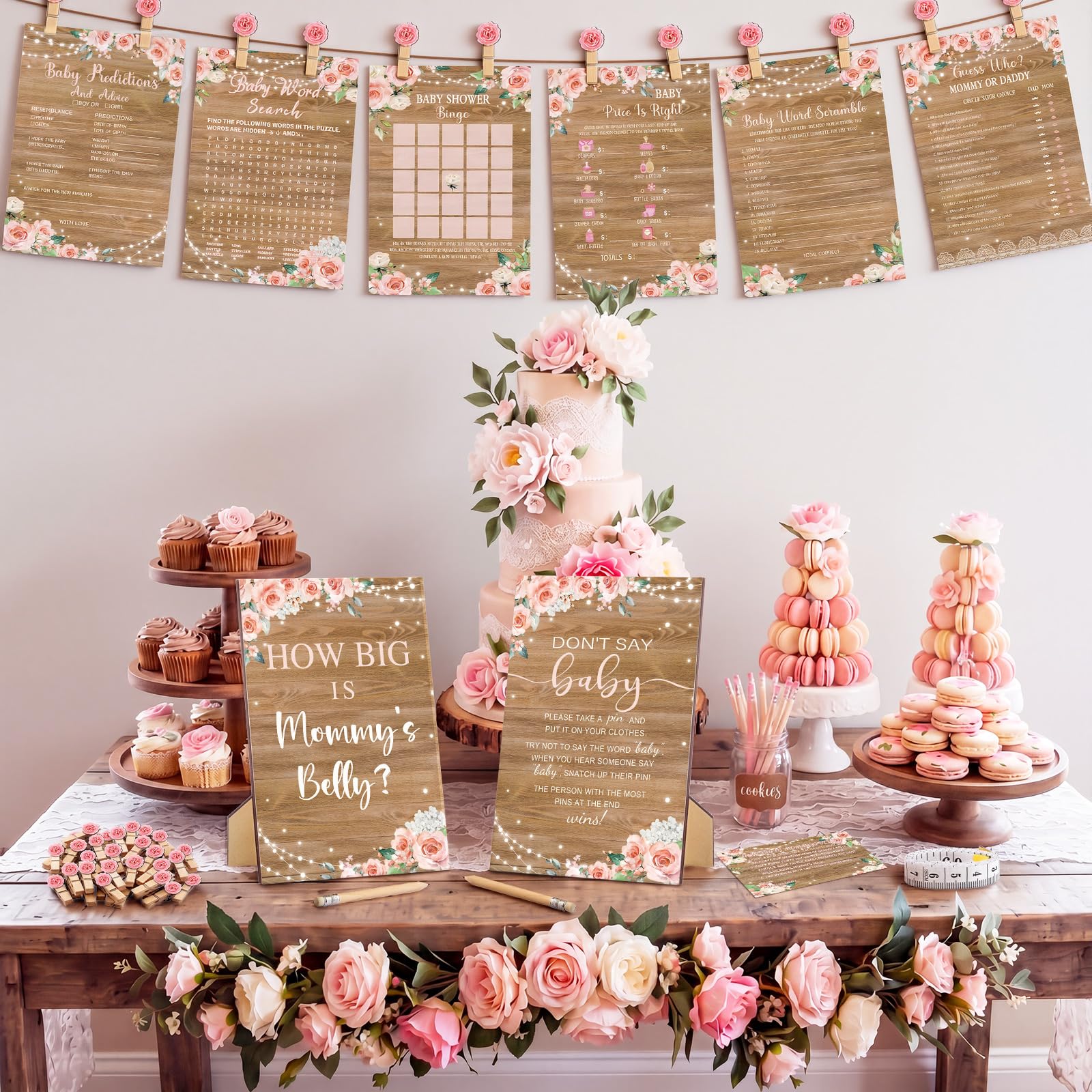 Baby shower game cards with rustic wood pink floral design