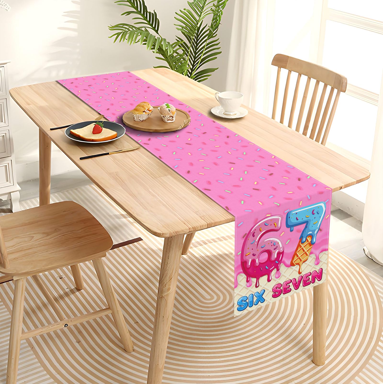 Donut party decor table runner laid on dining table