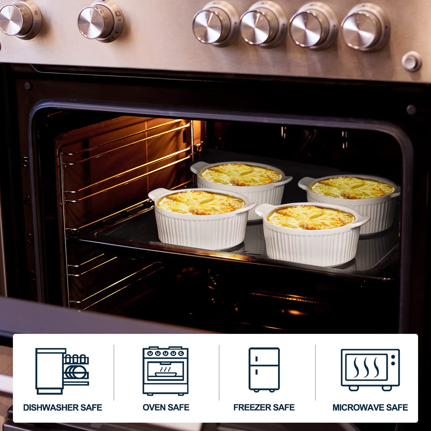Stackable 12 oz ramekins with zero tilt for cupboard storage