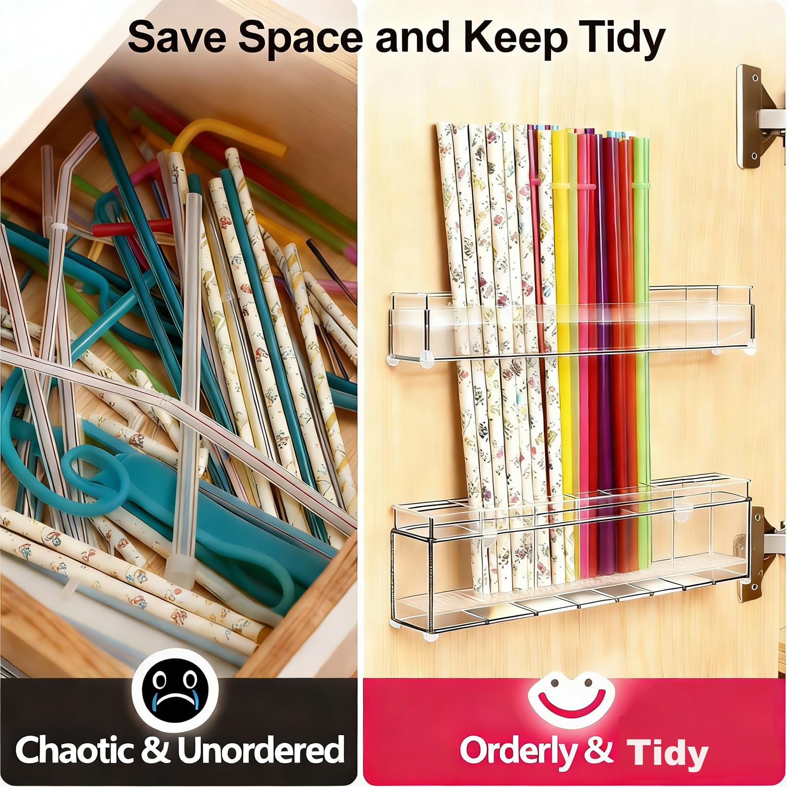 double-layer acrylic straw organizer in kitchen