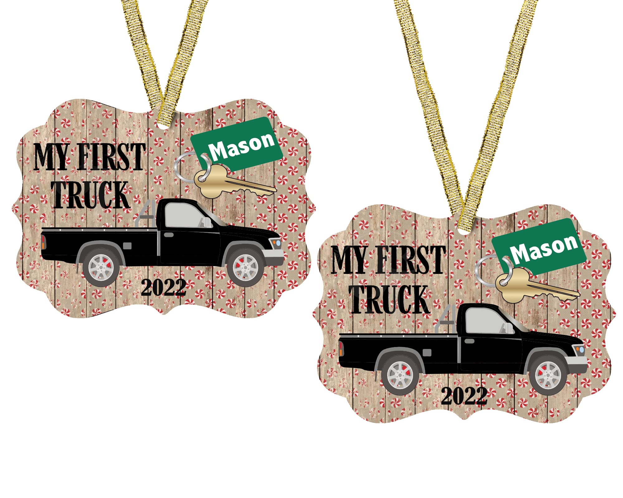 Faux wood background on First Truck Christmas Ornament