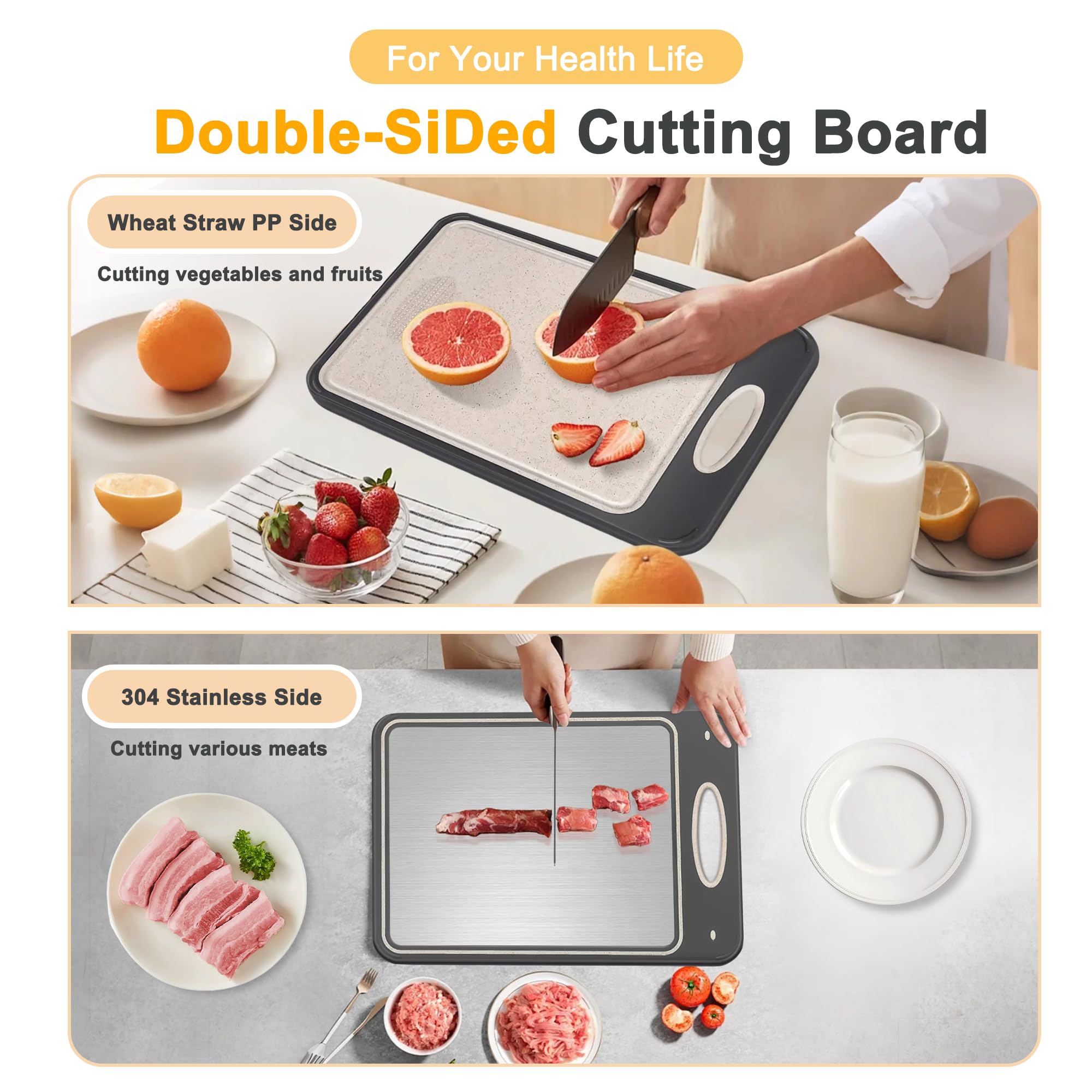 double sided cutting board stainless steel and wheat straw sides