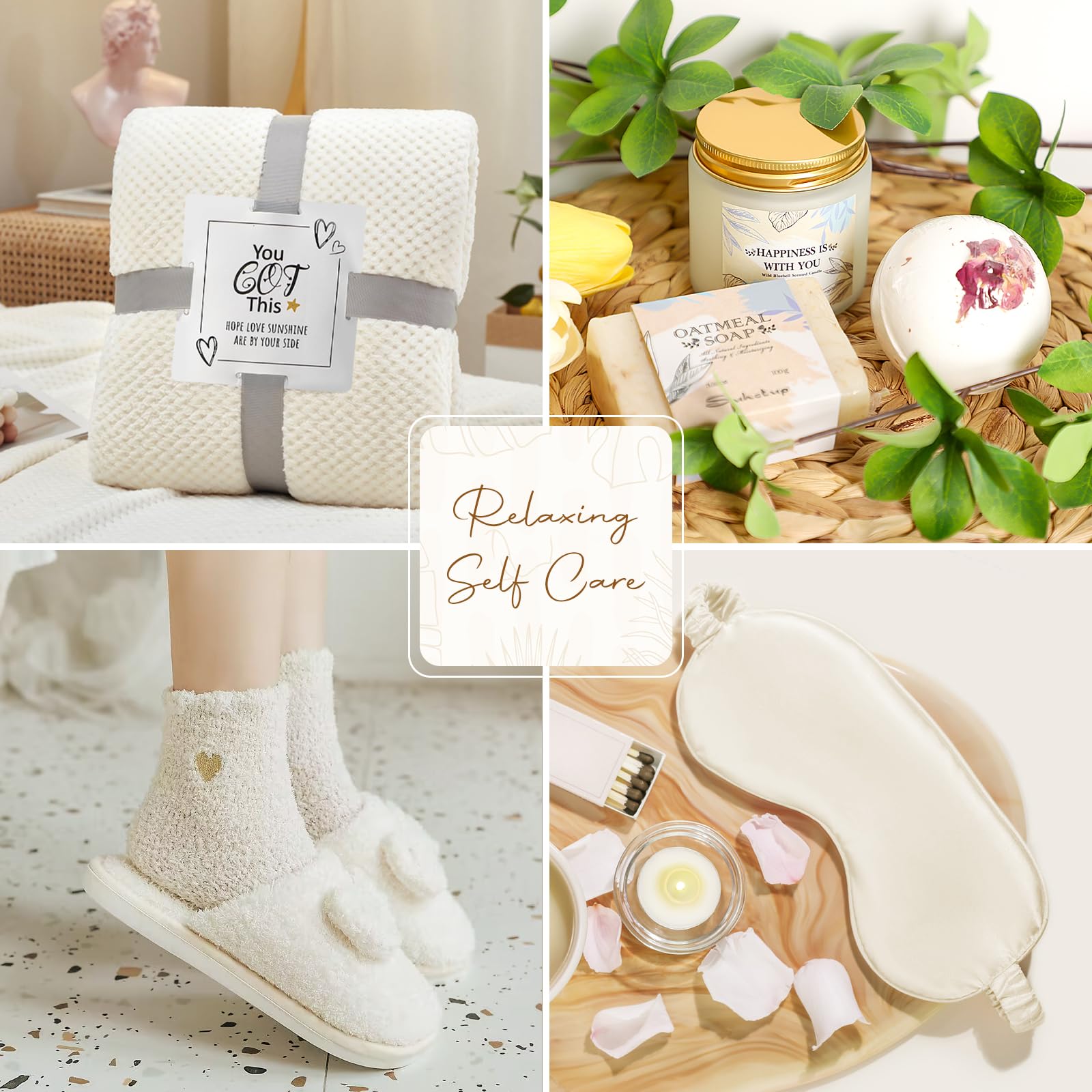 Spa items including oatmeal soap bath salts candles and massage rollers