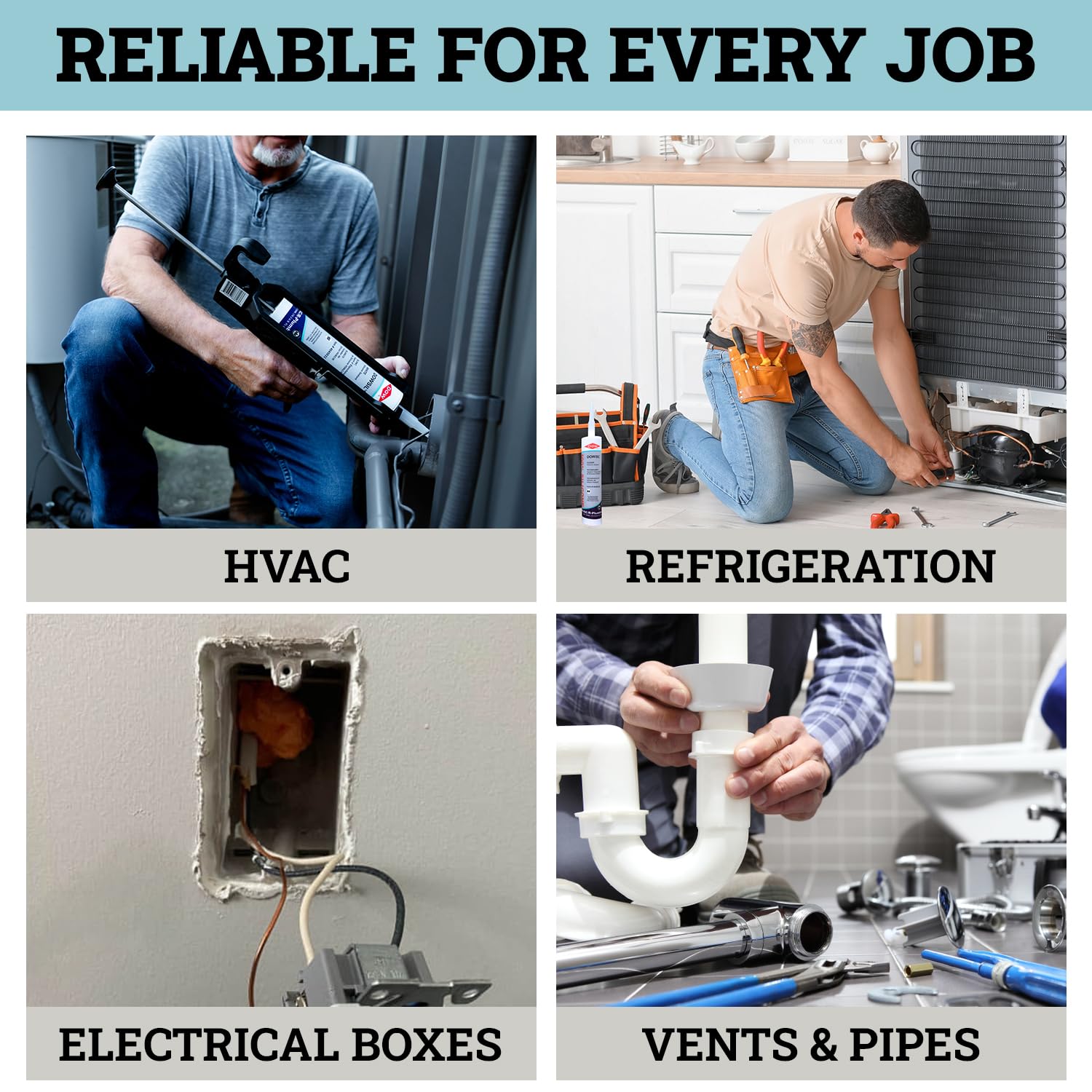 Sealant bonds to common HVAC surfaces like glass and metal