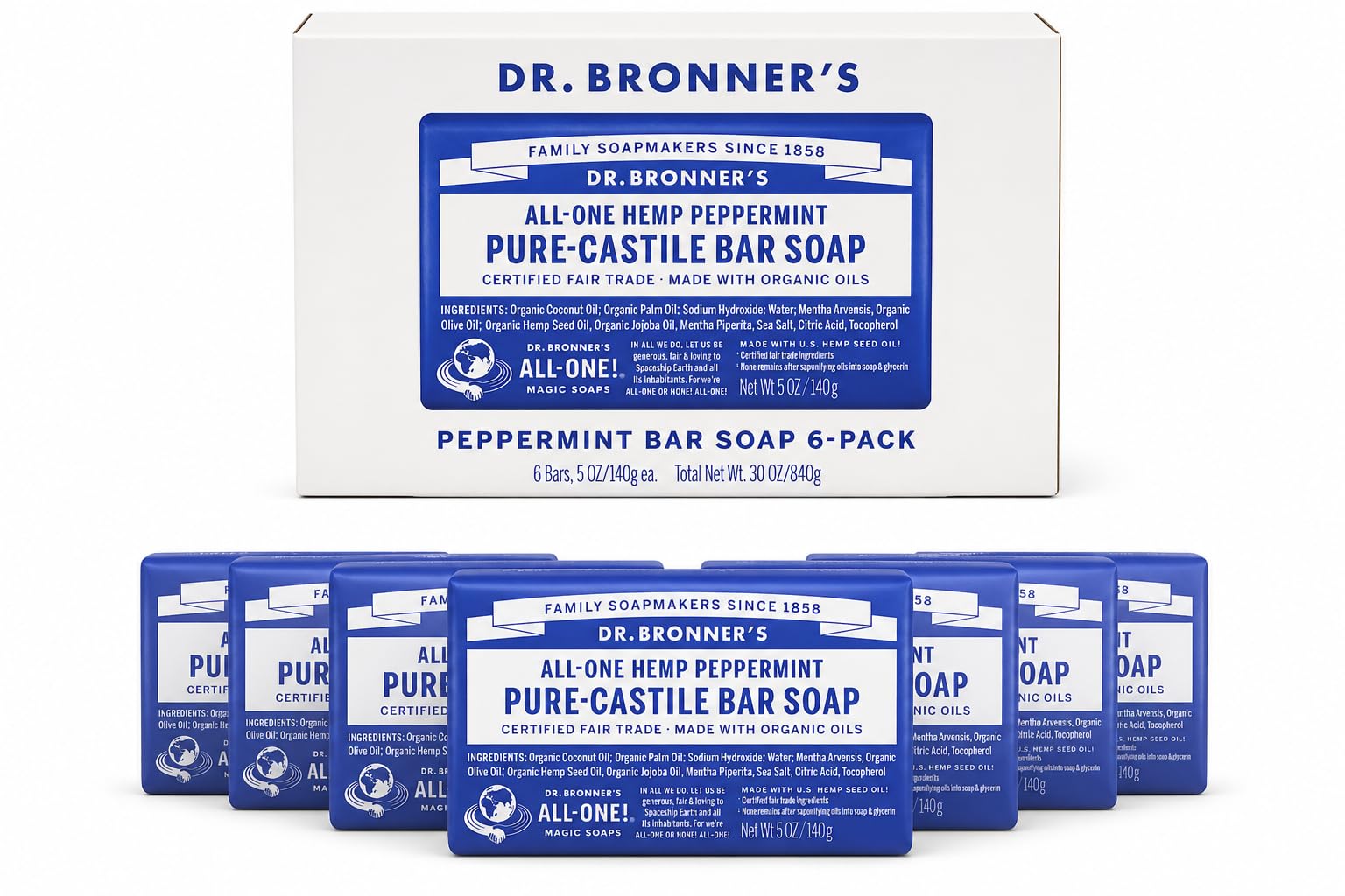 Dr Bronner's Pure Castille Peppermint Bar Soap 5 oz bar
