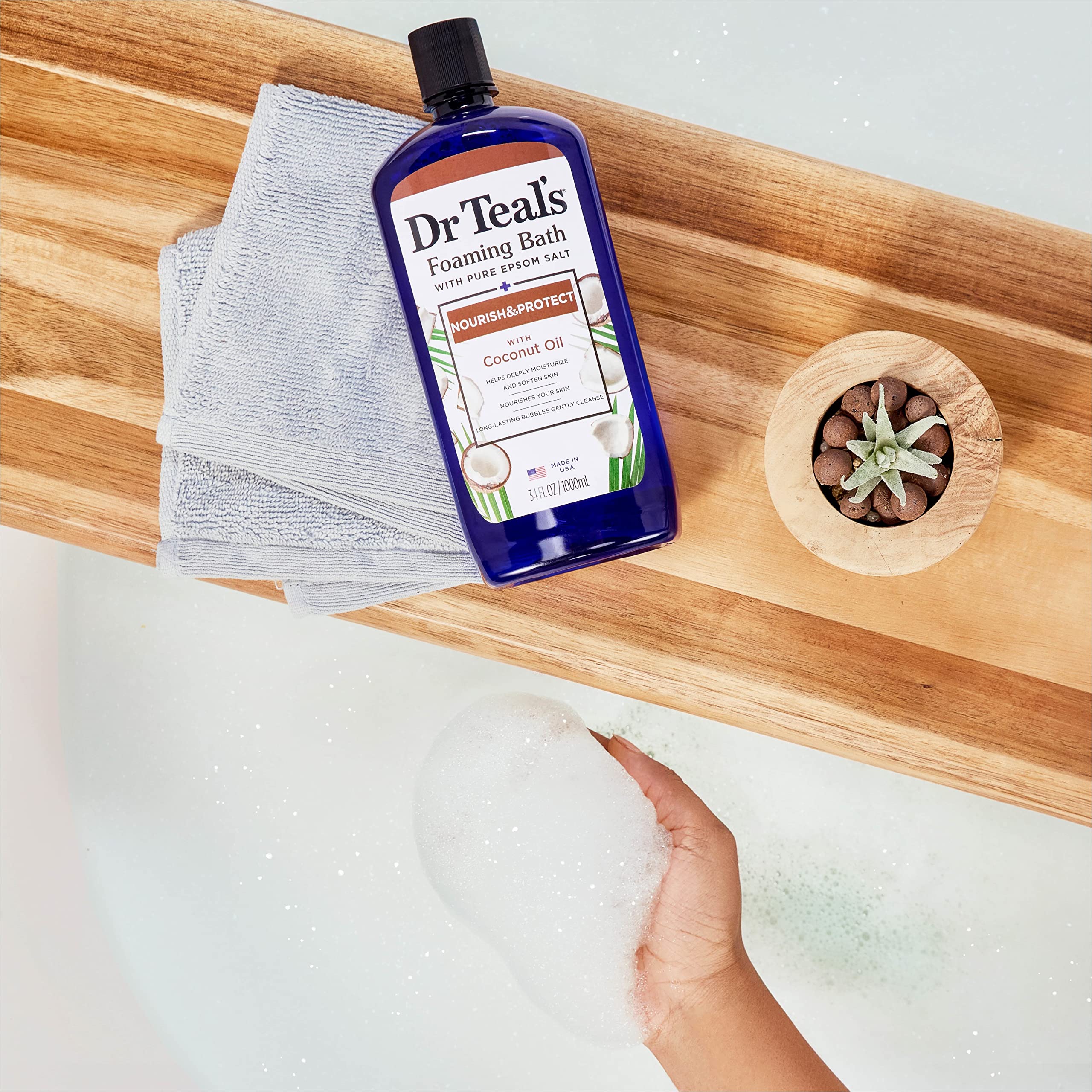 Coconut oil nourishes skin in Dr Teal's bath label