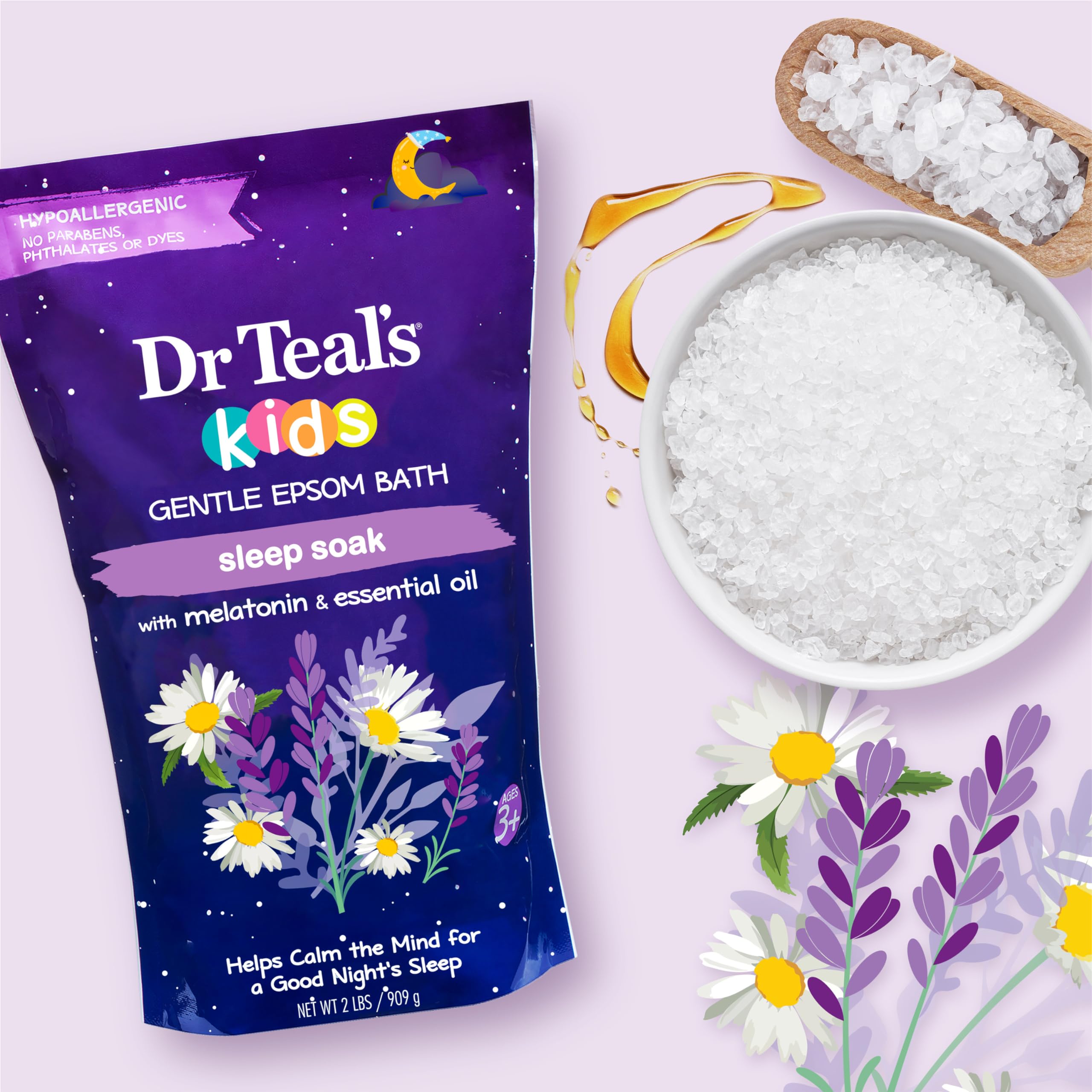 Label showing Melatonin and Essential Oil Blend on Dr Teal's Kids Sleep Soak