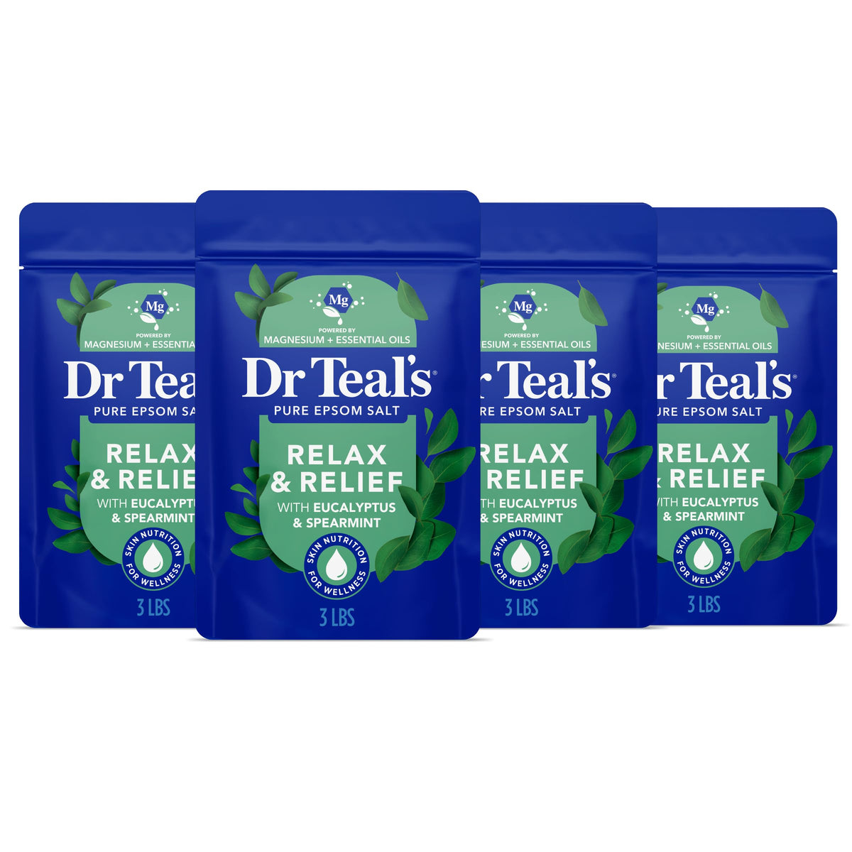 Dr Teal's Pure Epsom Salt bottle with Relax and Relief eucalyptus spearmint